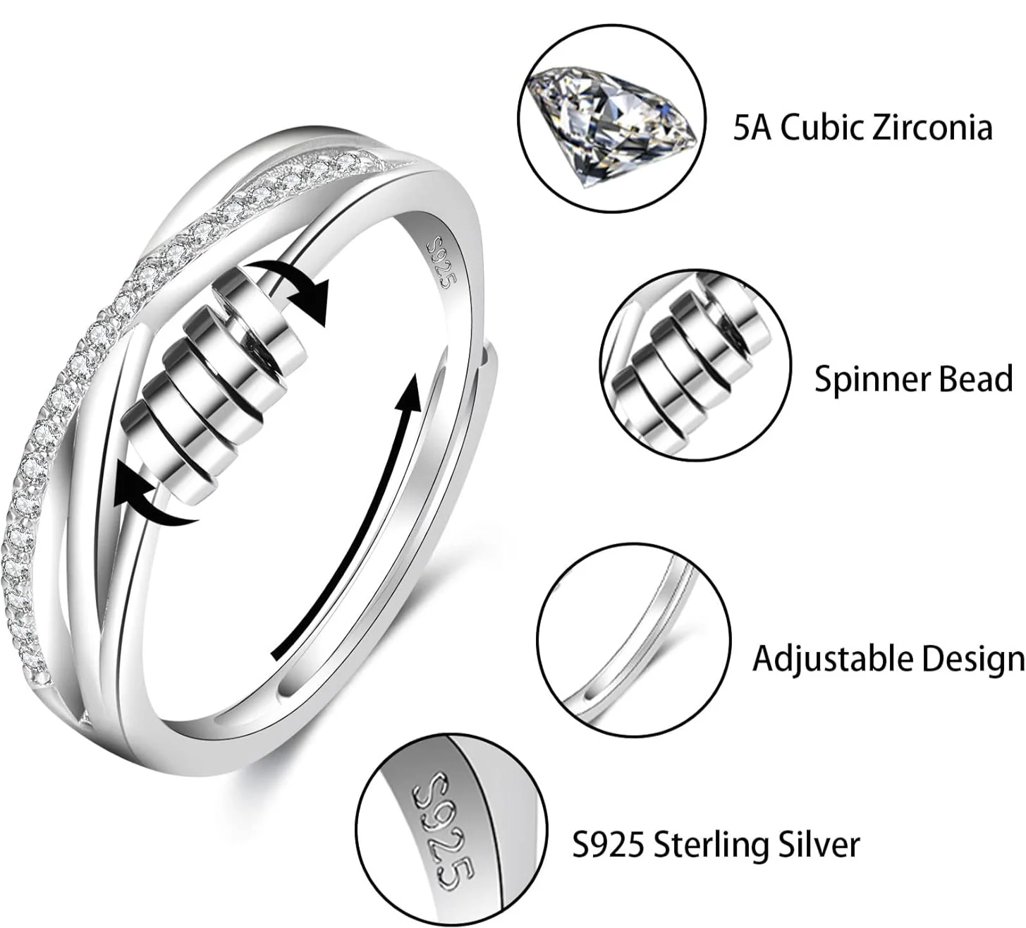 925 Sterling Silver Diamond Cut Fidget Ring / Anxiety Ring - Image 7