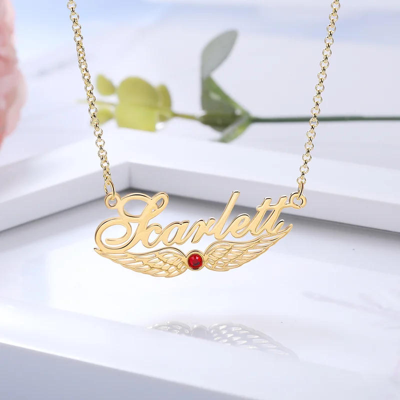 Angel Wings Custom Name Necklace with Birthstone - Image 2