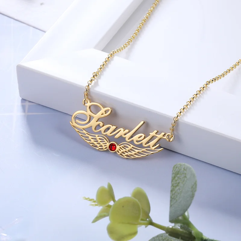 Angel Wings Custom Name Necklace with Birthstone - Image 3