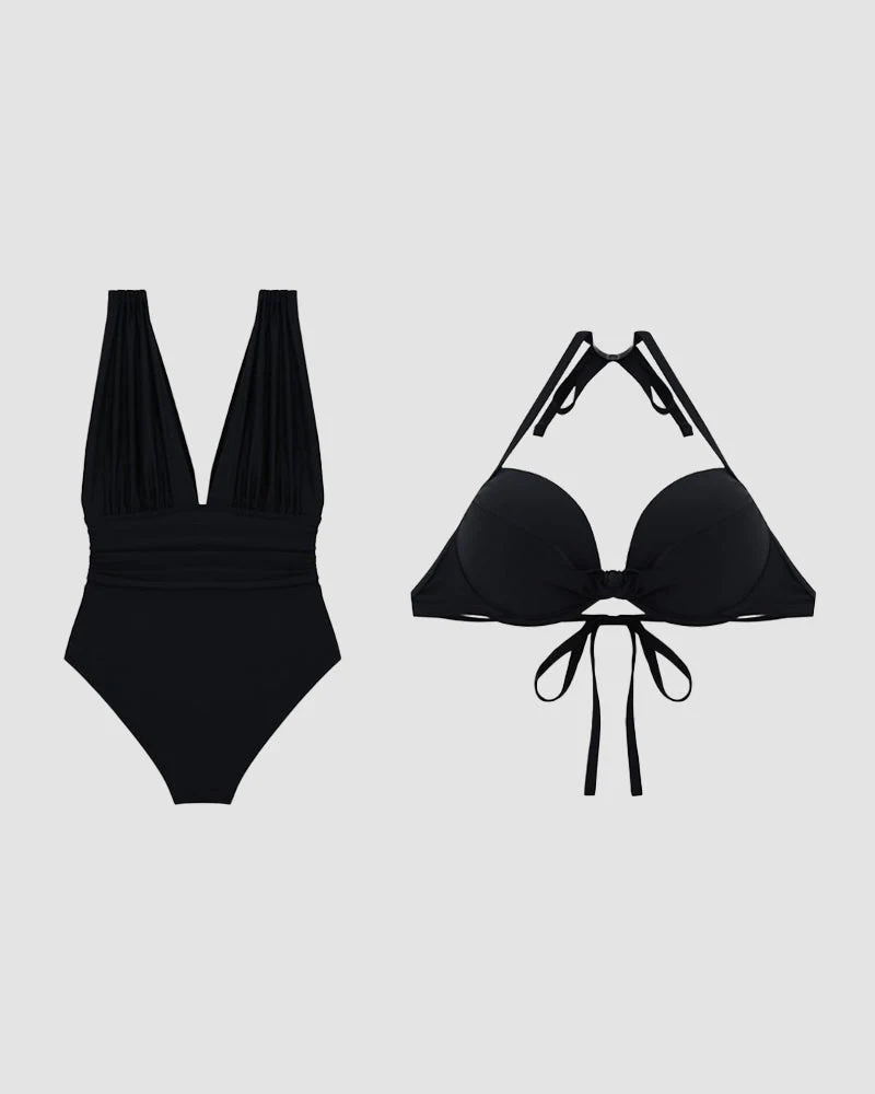 Ariadné Deep Plunge Ruched Swimsuit with Halter Bra Two-Piece Set - Image 4