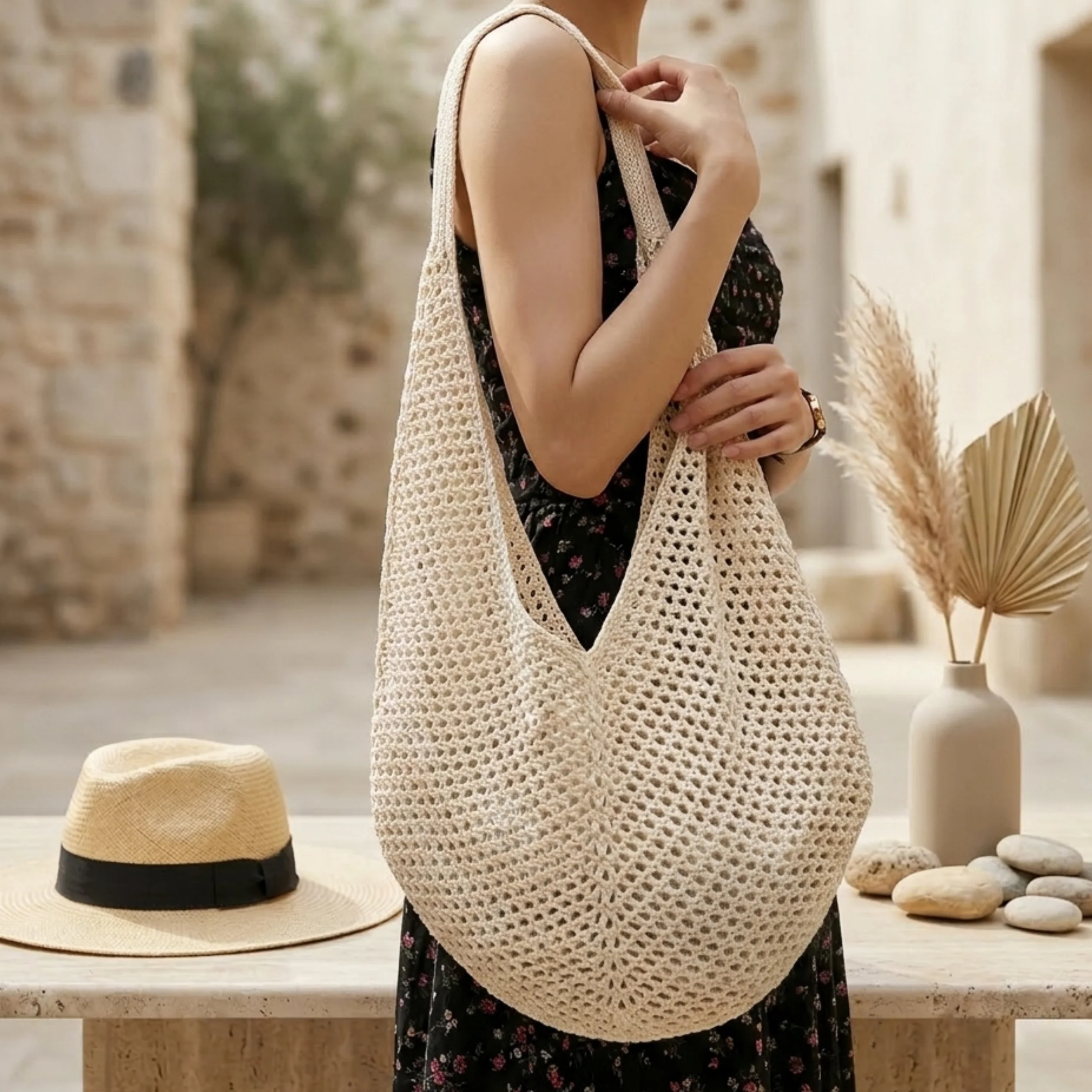 Bare Bloom Hollow-Out Knitted Tote Bag – Sustainable Bag - Image 3