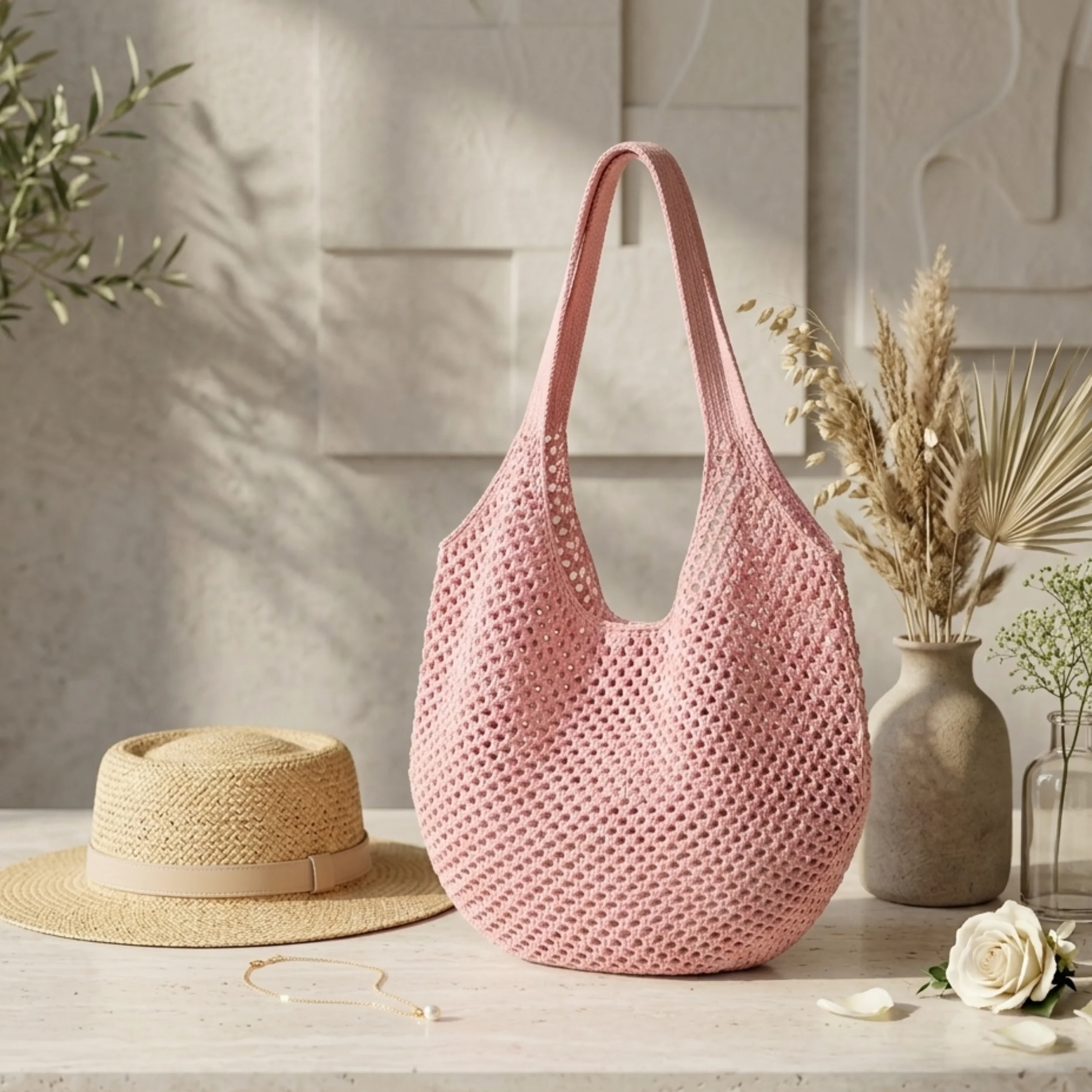 Bare Bloom Hollow-Out Knitted Tote Bag – Sustainable Bag - Image 4