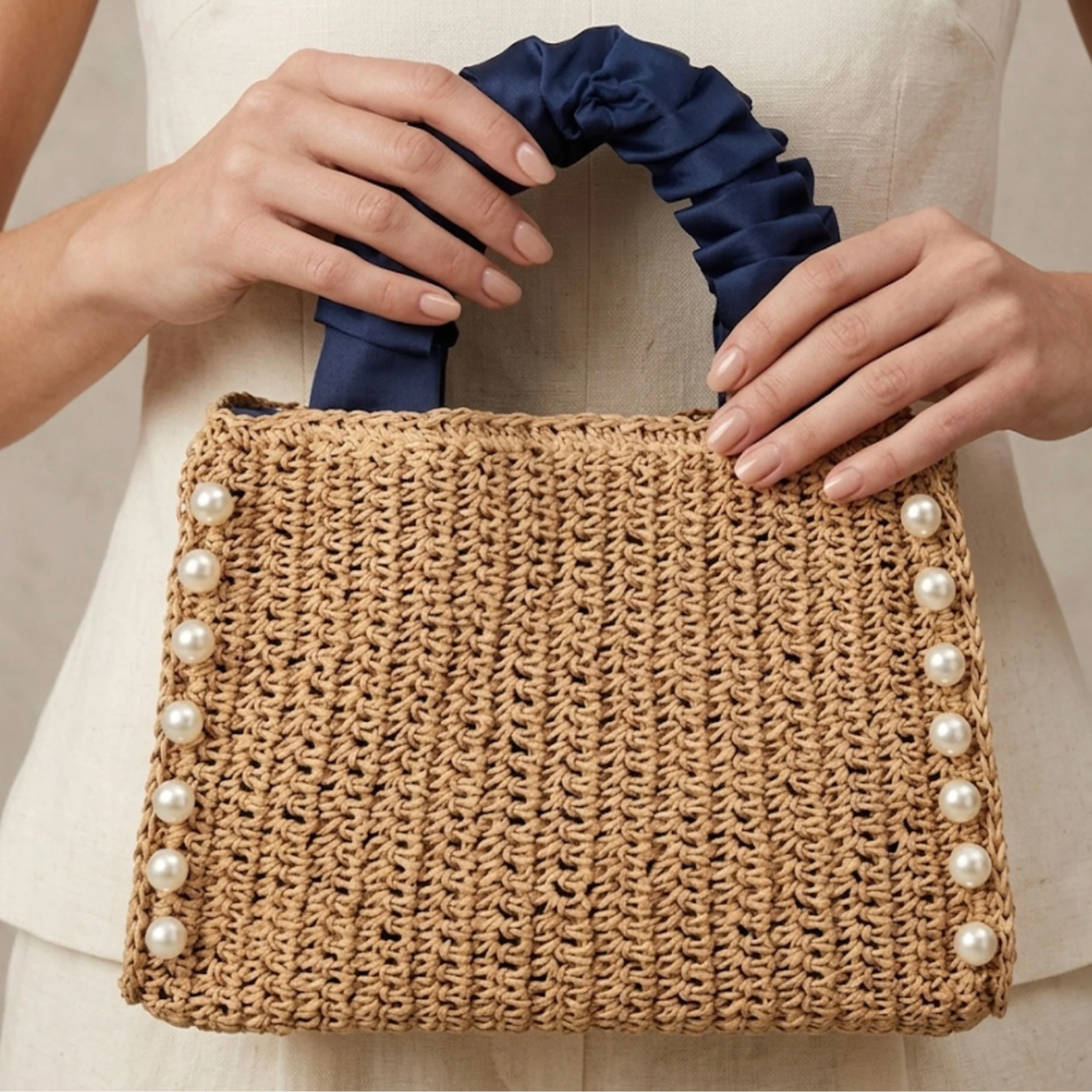 Bohemian Pearl-Embellished Ruched Handle Woven Handbag - Sustainable Bag - Image 2