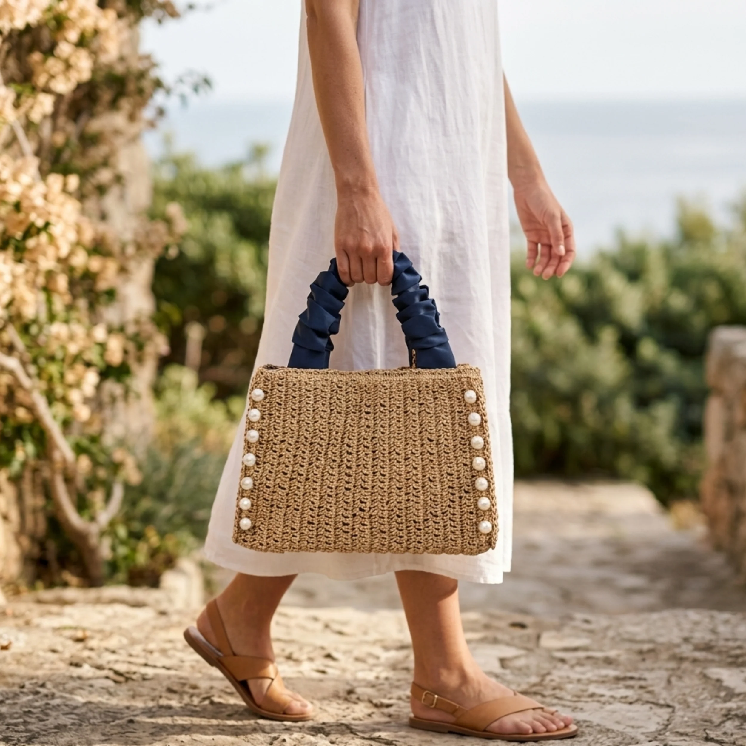 Bohemian Pearl-Embellished Ruched Handle Woven Handbag - Sustainable Bag - Image 3