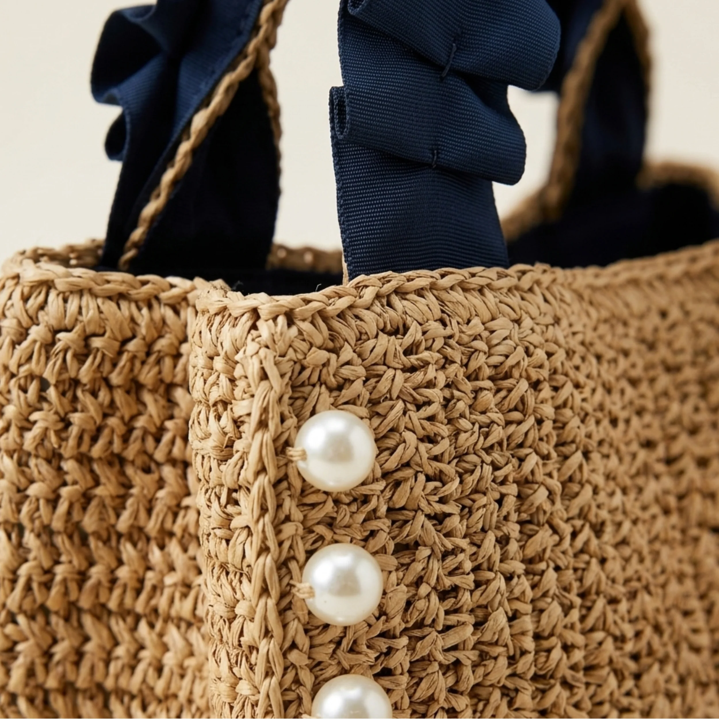 Bohemian Pearl-Embellished Ruched Handle Woven Handbag - Sustainable Bag - Image 4