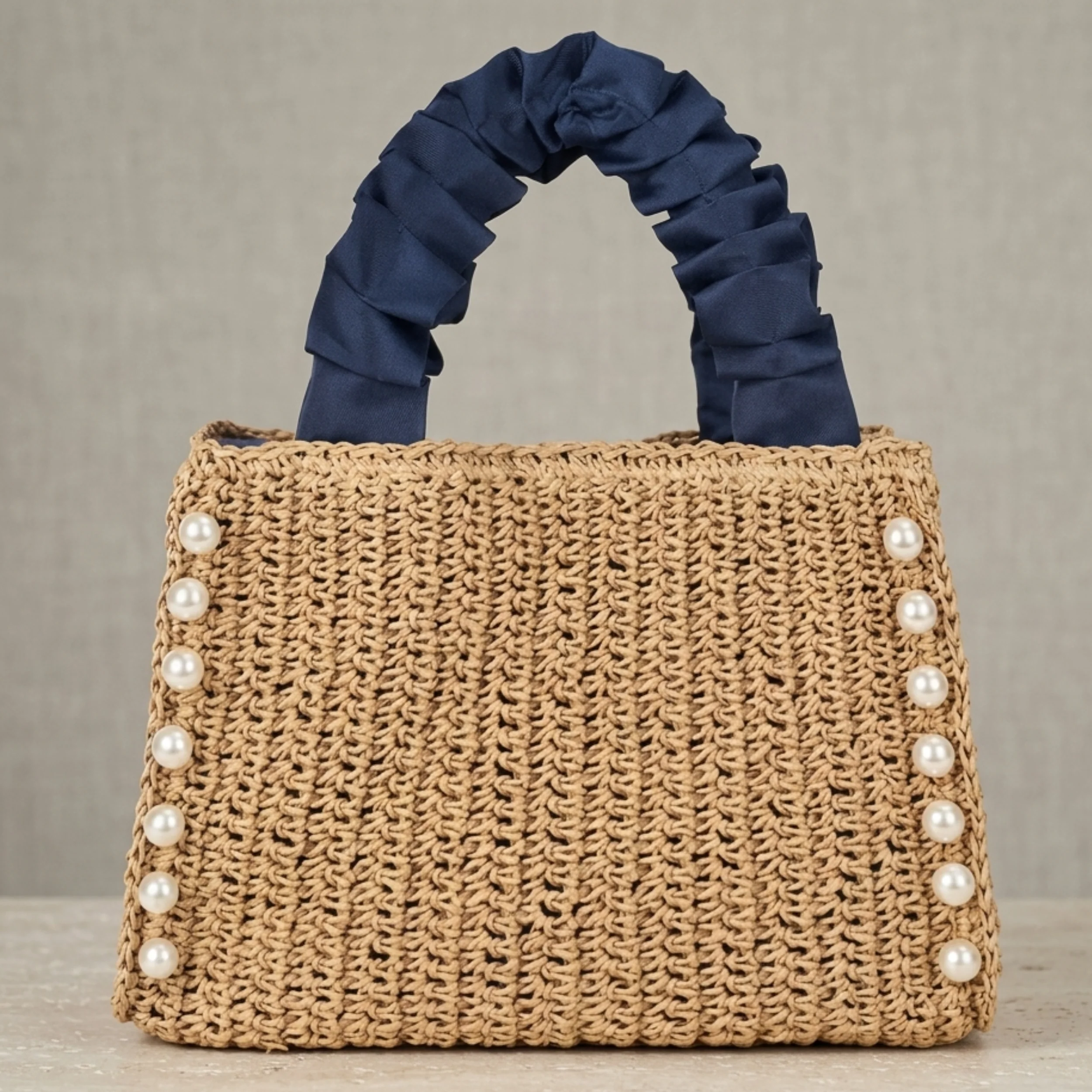 Bohemian Pearl-Embellished Ruched Handle Woven Handbag - Sustainable Bag - Image 5