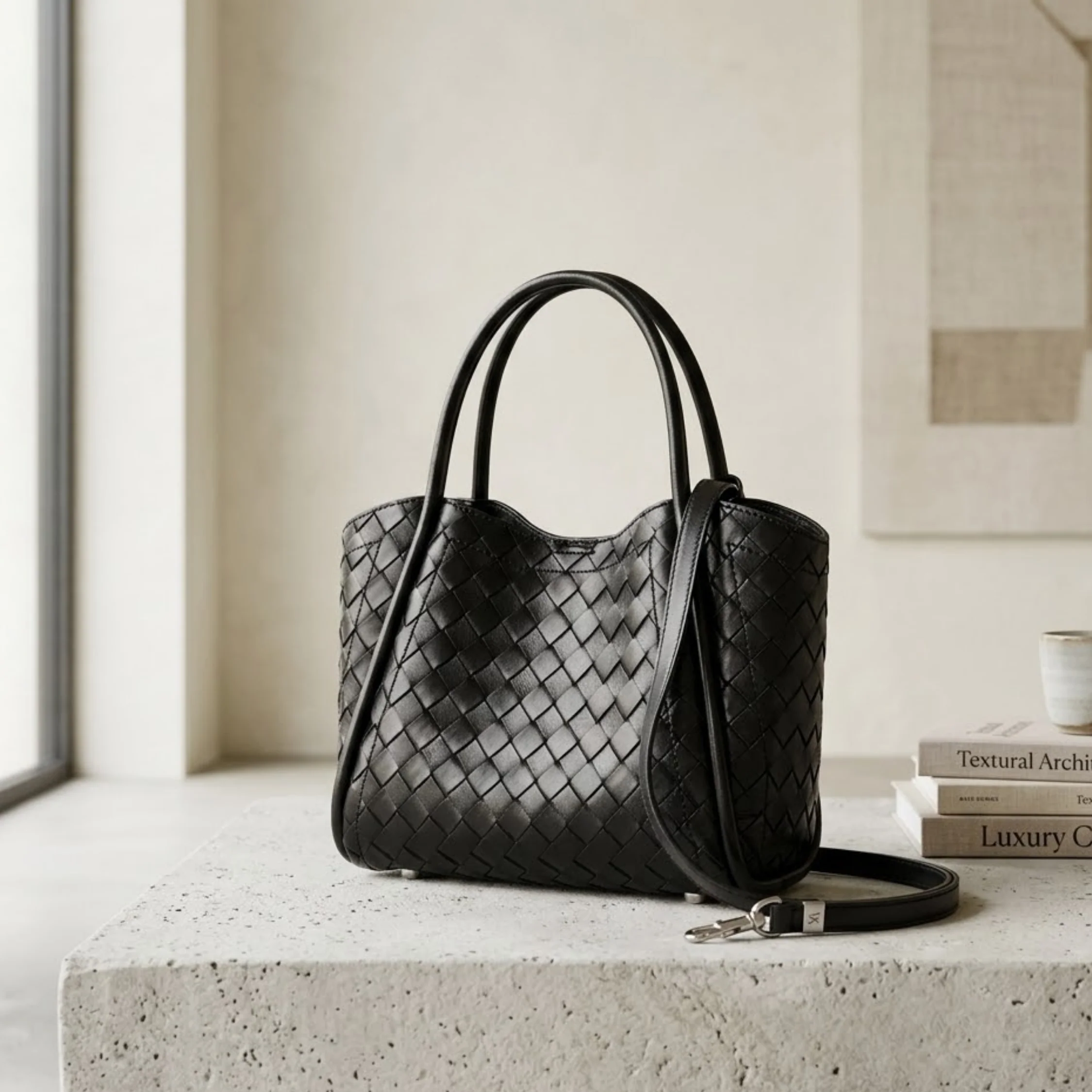 Calystria Genuine Leather Woven Large Tote Crossbody Basket Bag - Image 4