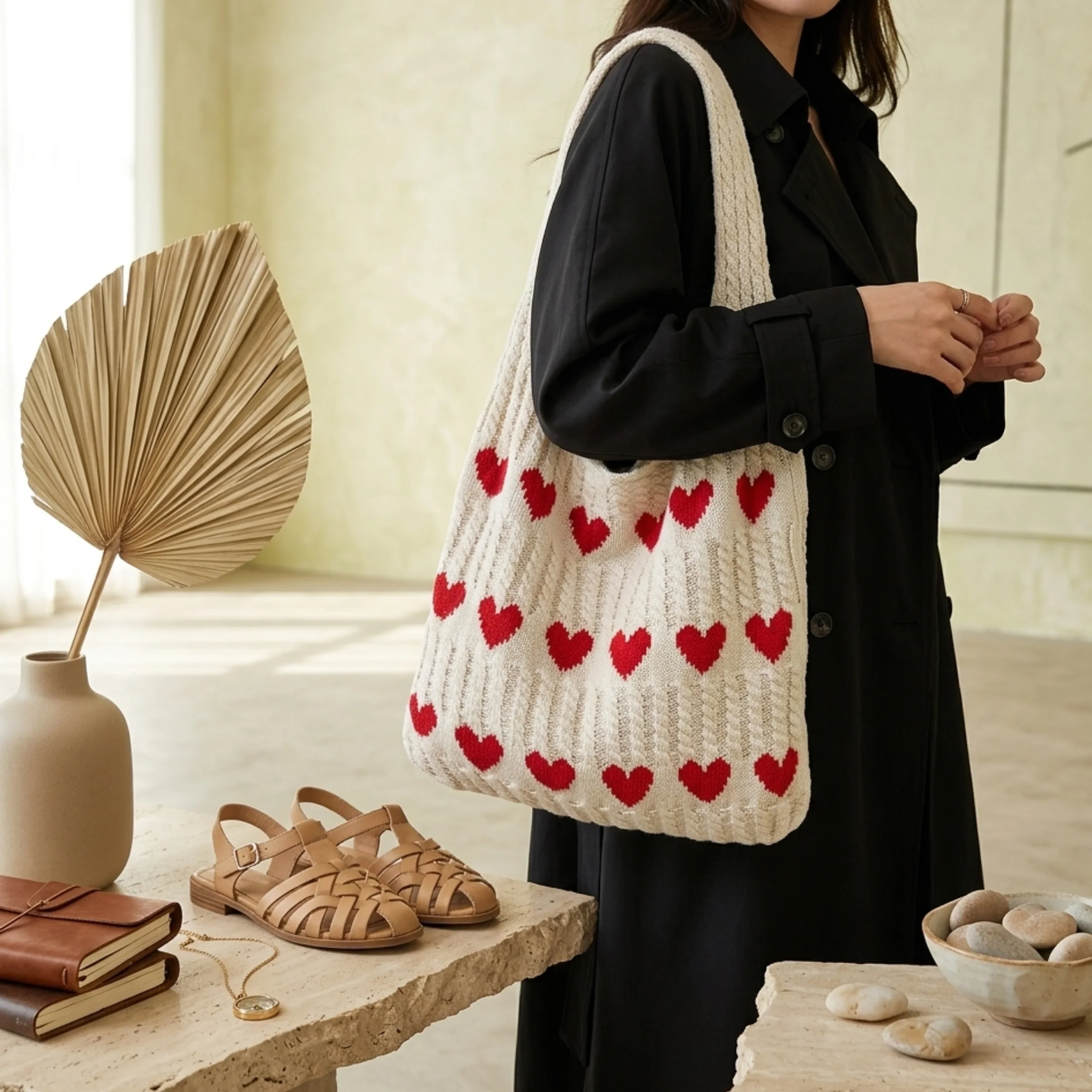 Cupid’s Touch Hollow-Out Knitted Tote Bag – Sustainable Bag - Image 4
