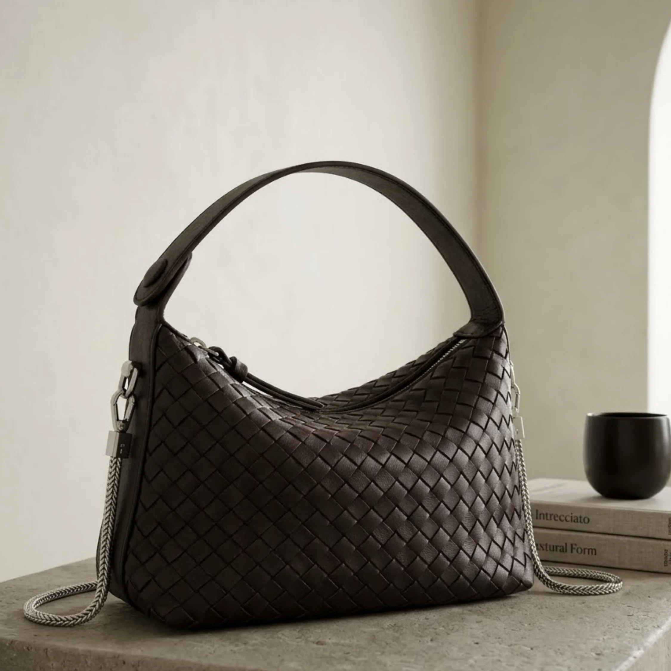 Elaréa Genuine Sheepskin Leather Woven Clutch Bag with Chain Strap - Image 5