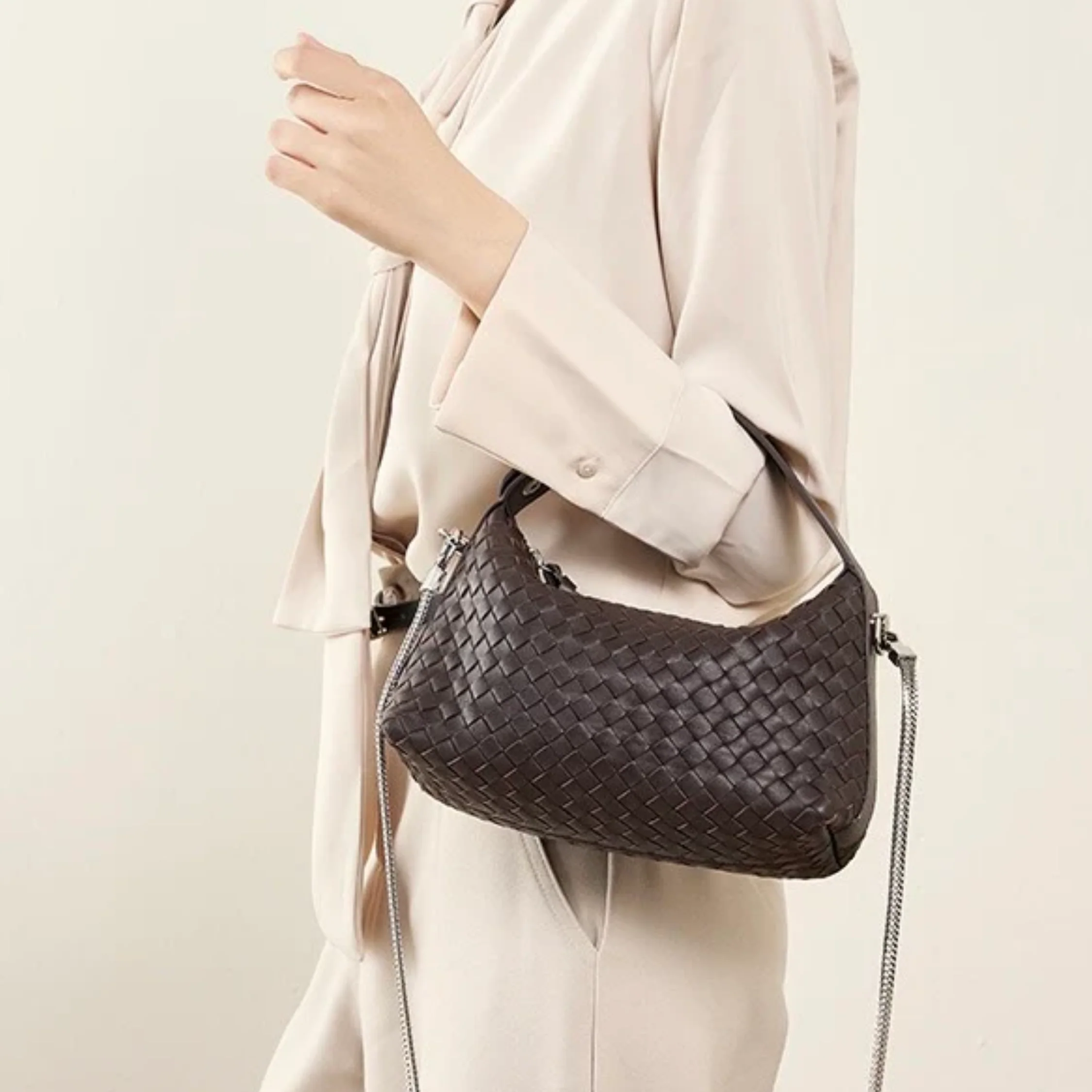 Elaréa Genuine Sheepskin Leather Woven Clutch Bag with Chain Strap - Image 7