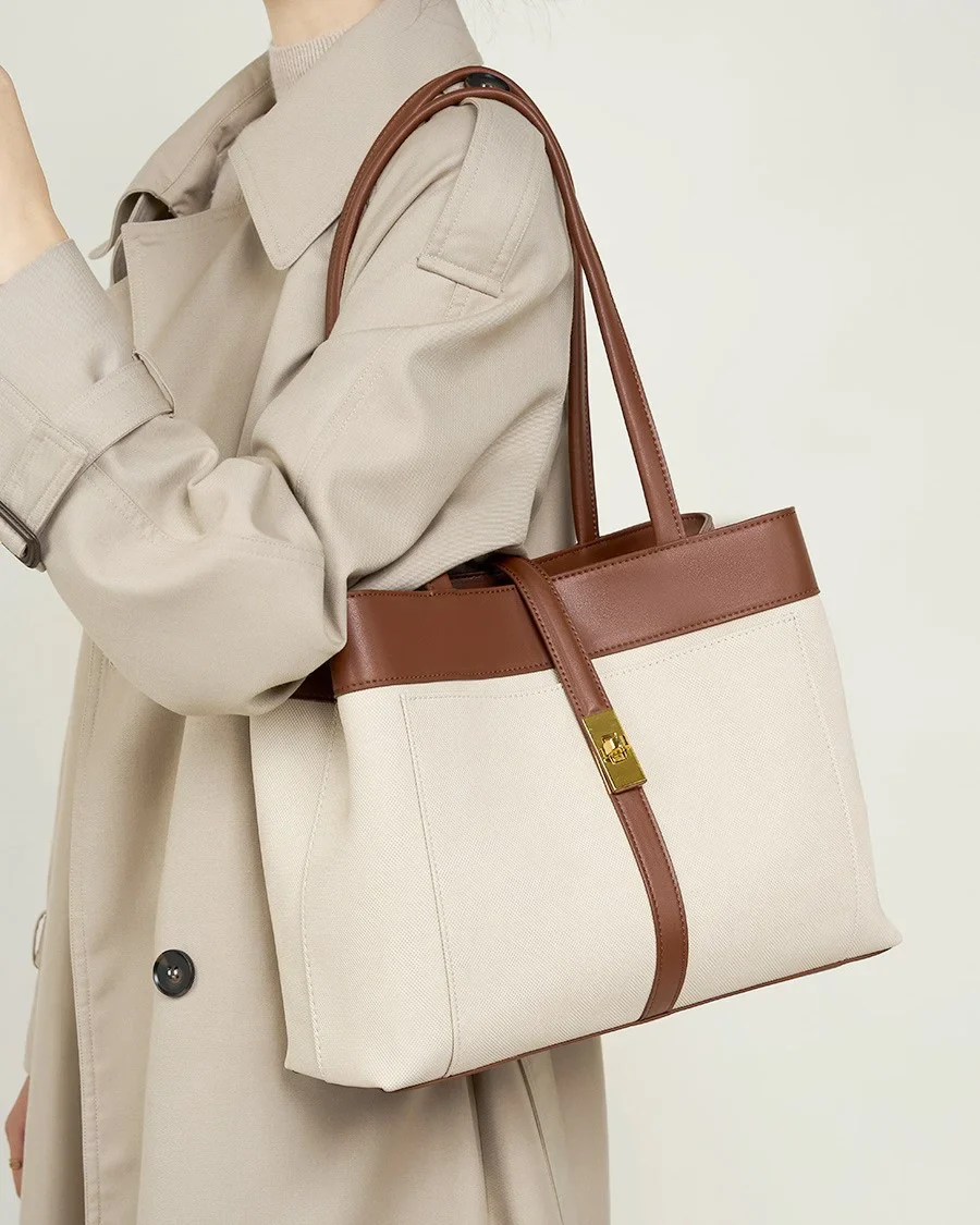 Elegant Harmony Color-Block Leather Tote - Image 3