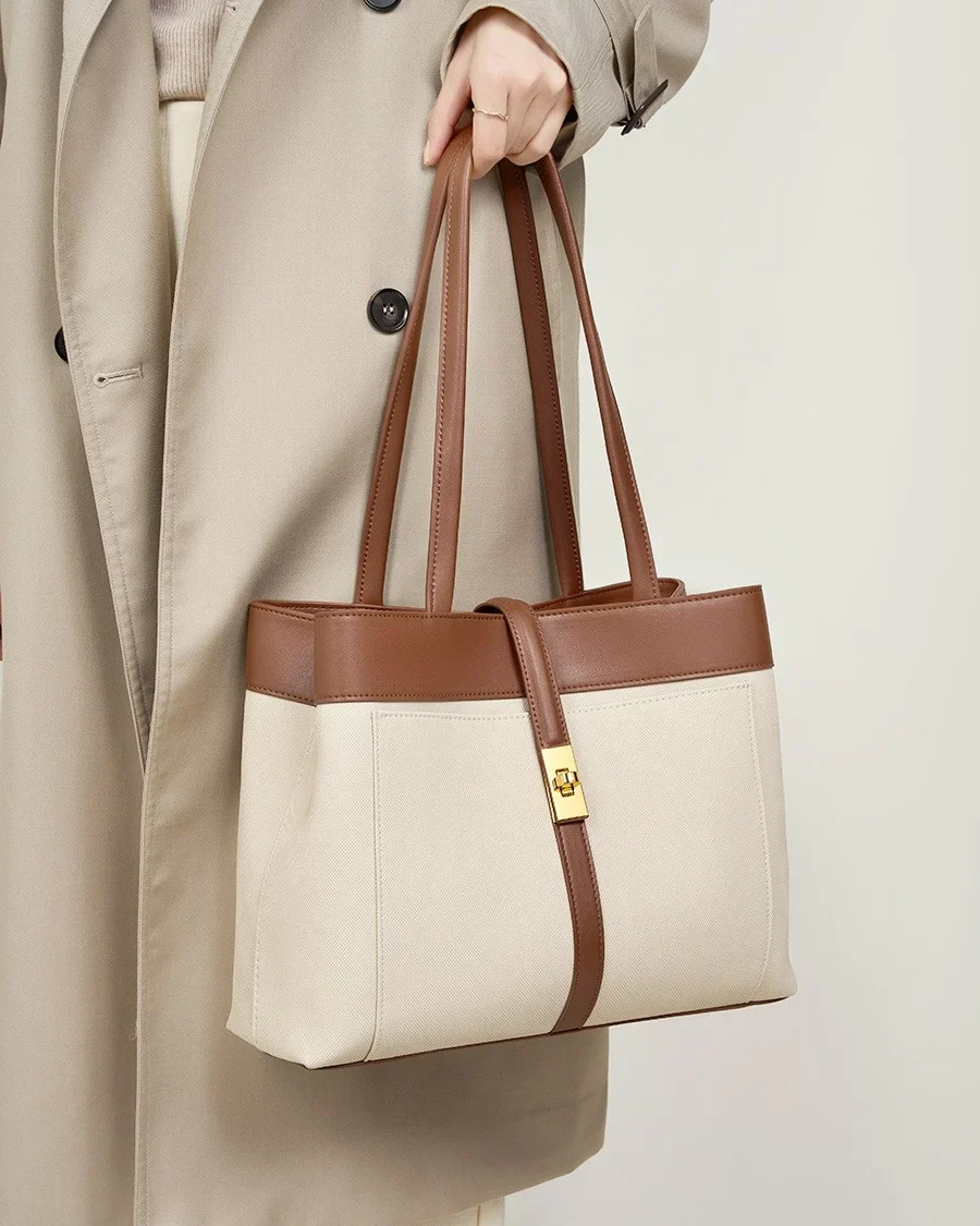 Elegant Harmony Color-Block Leather Tote - Image 4