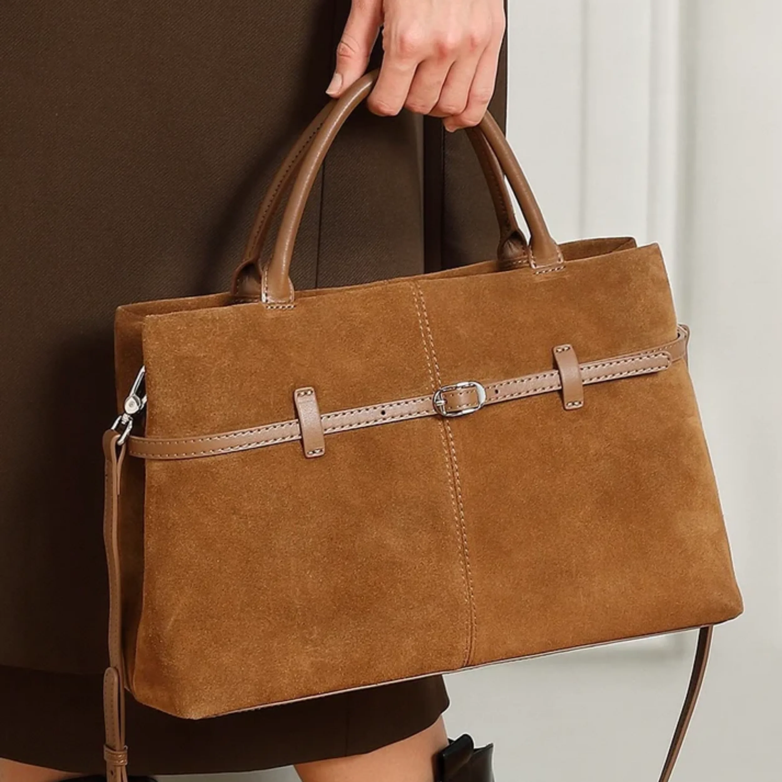 Elyra Suede Structured Genuine Leather Tote Bag - Image 5