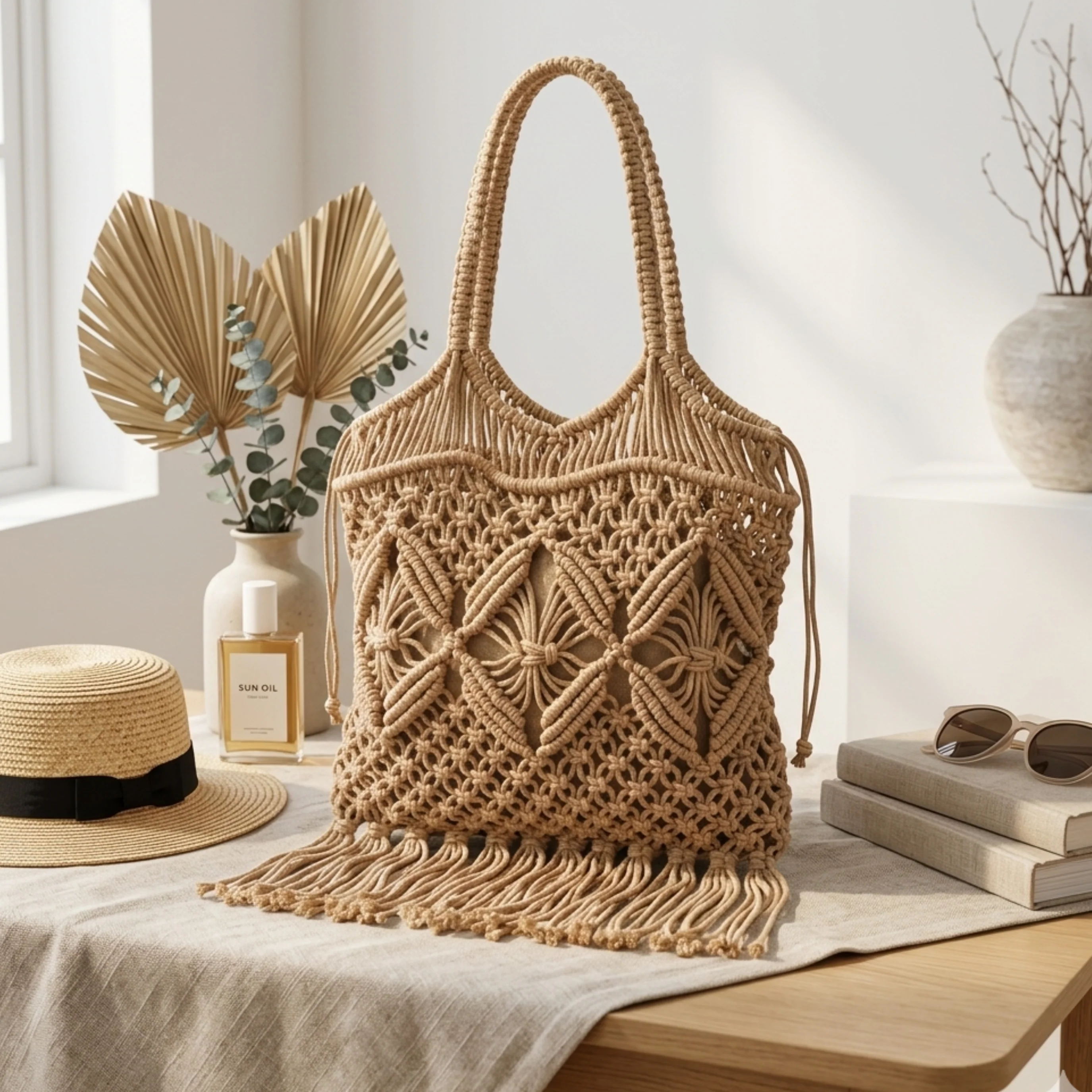 Ethnic Fringe Woven Crossbody Bag with Hollow Design – Sustainable Bag - Image 2