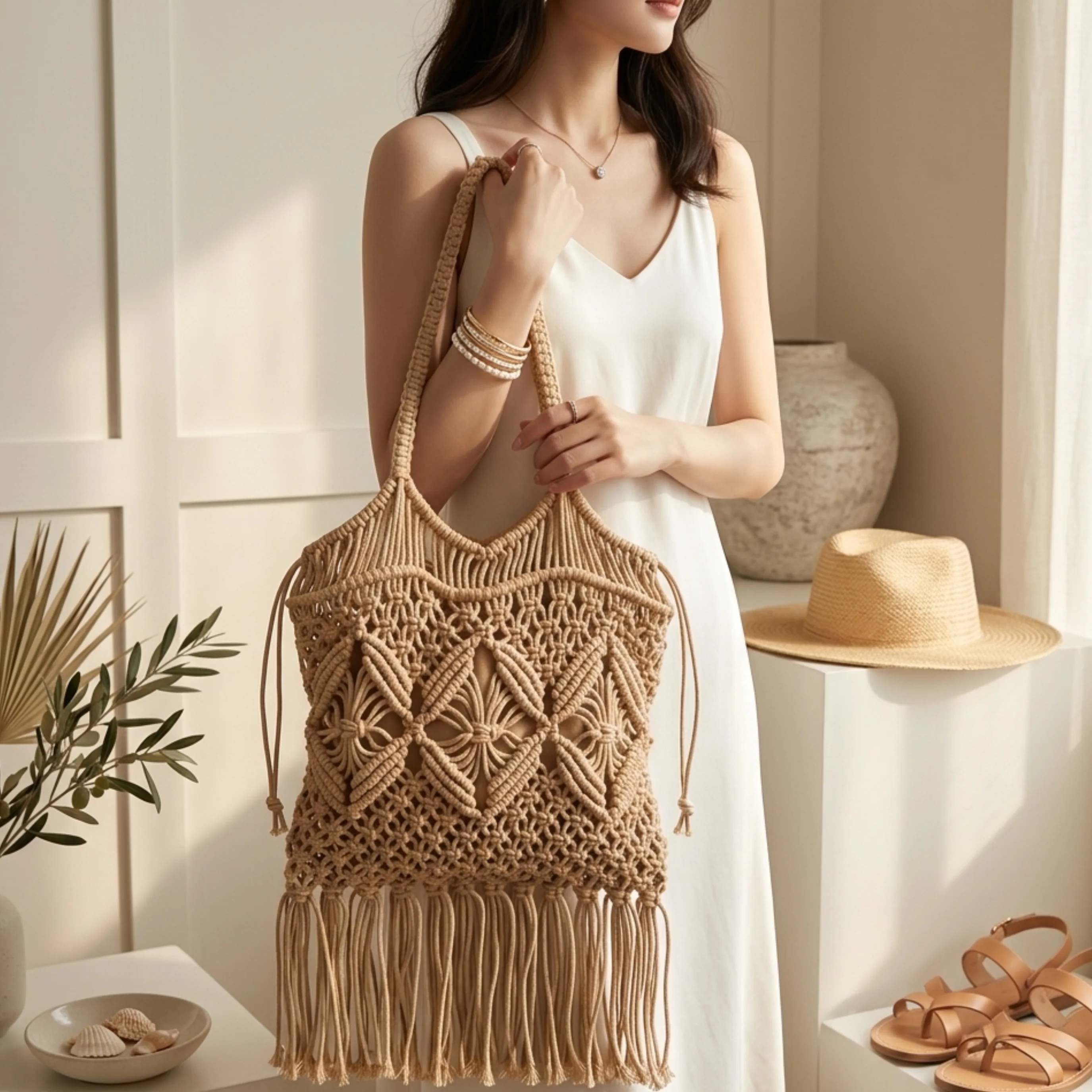 Ethnic Fringe Woven Crossbody Bag with Hollow Design – Sustainable Bag - Image 4