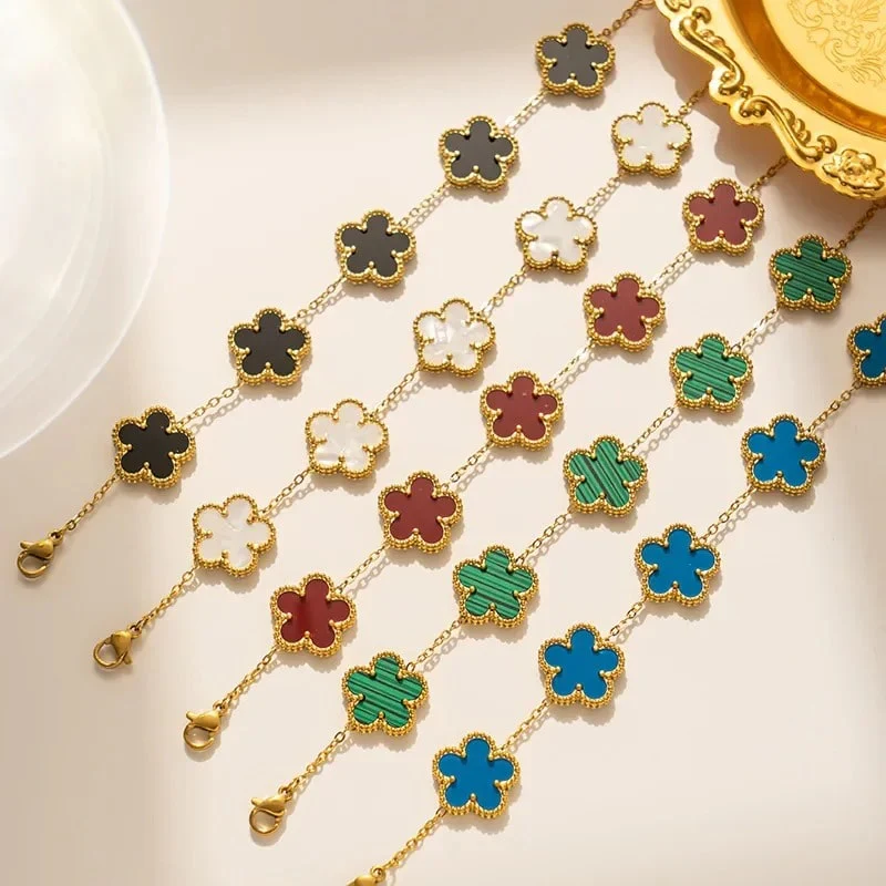 Five-Leaf Multi Clover Bracelet with Shell Accents - Image 3