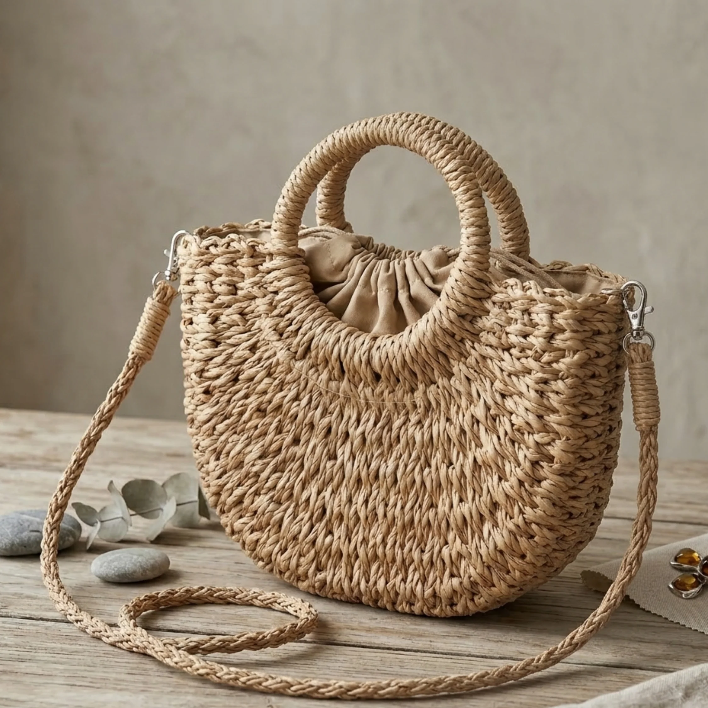 Handcrafted Boho Half-Circle Wicker Tote Handbag - Sustainable Bag - Image 3