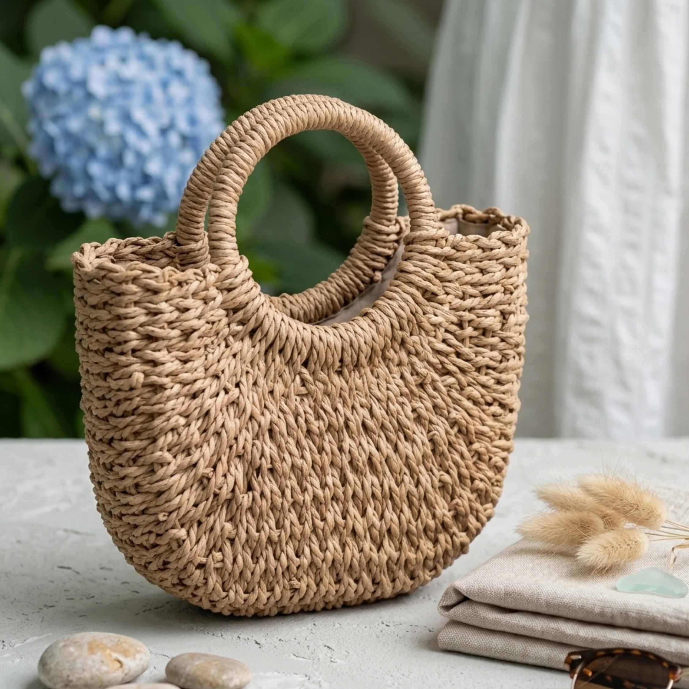 Handcrafted Boho Half-Circle Wicker Tote Handbag - Sustainable Bag - Image 4