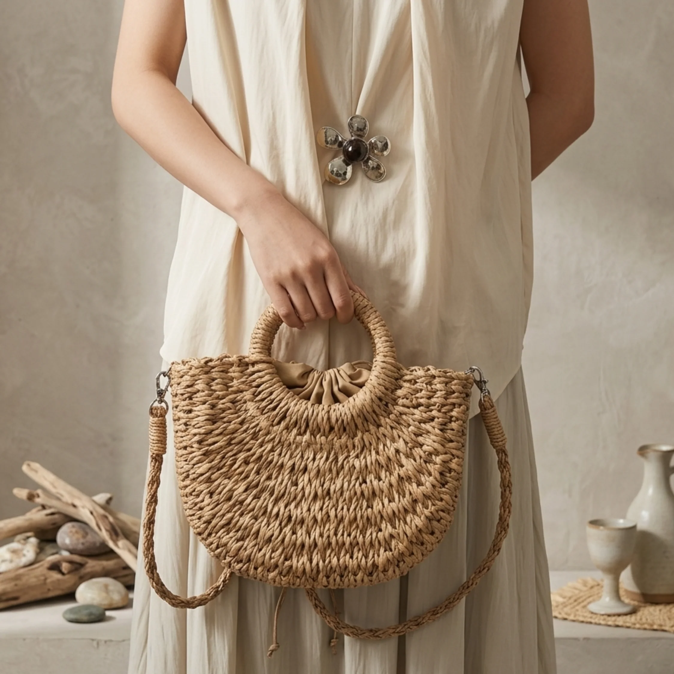 Handcrafted Boho Half-Circle Wicker Tote Handbag - Sustainable Bag - Image 6