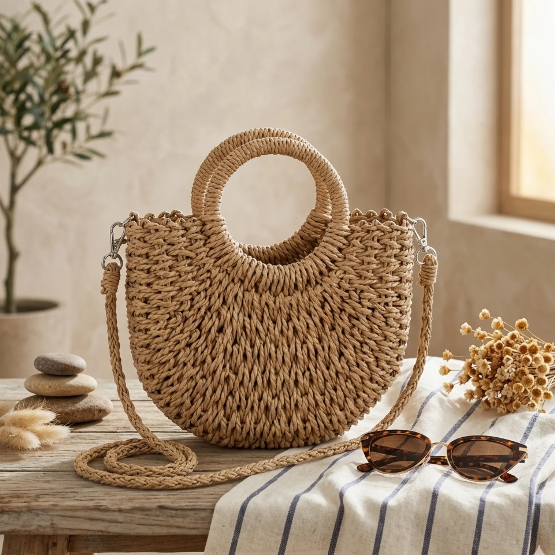 Handcrafted Half-Round Rattan Woven Crossbody Handbag - Sustainable Bag - Image 3