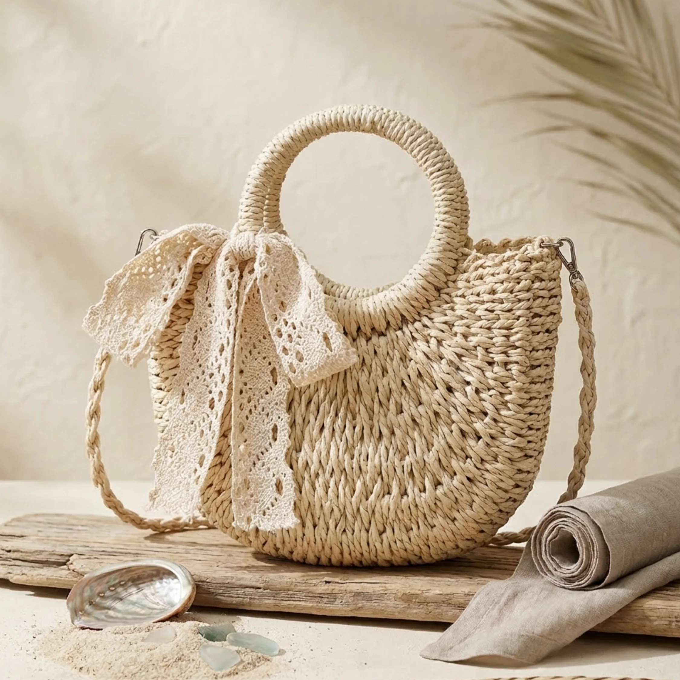 Handcrafted Half-Round Rattan Woven Crossbody Handbag - Sustainable Bag - Image 4