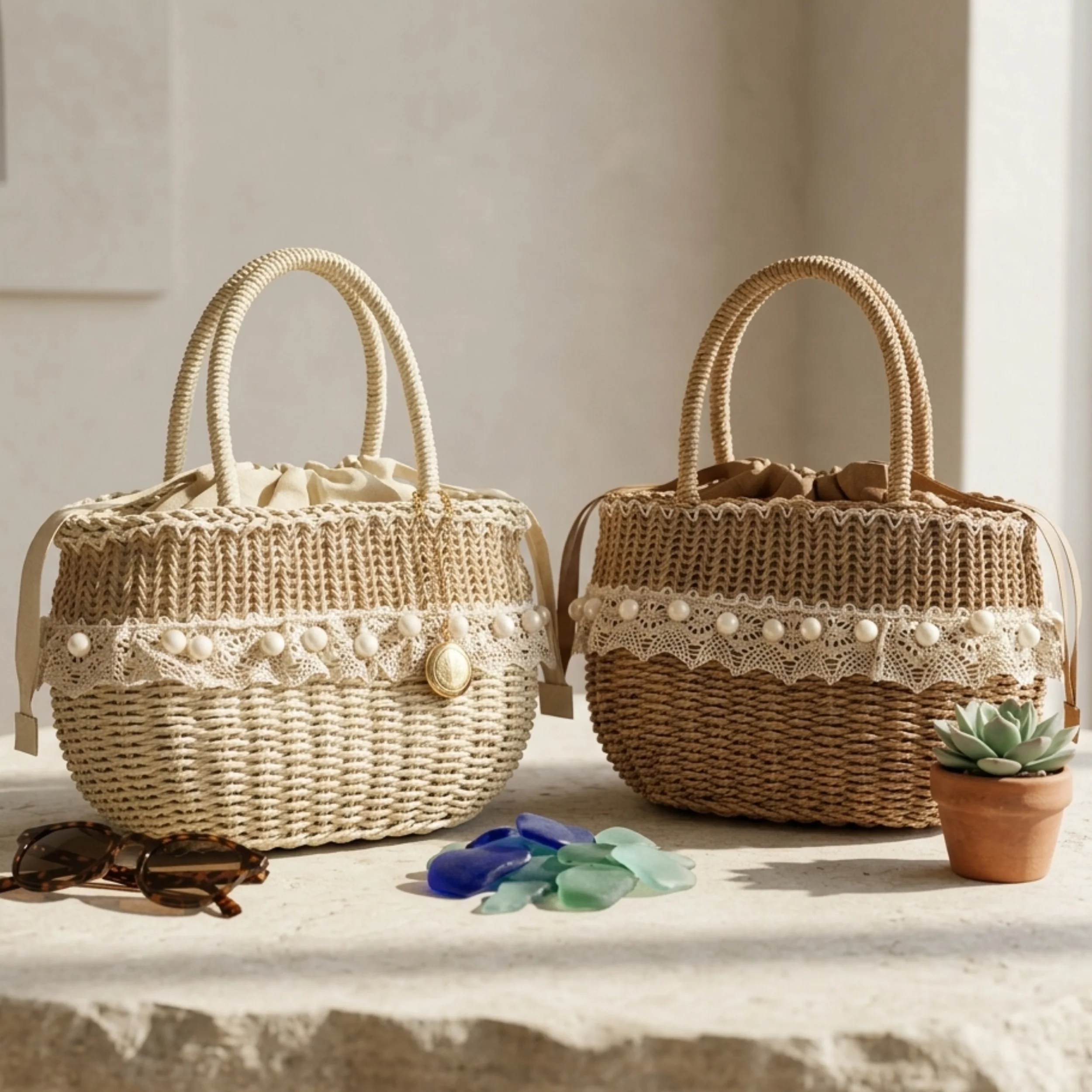Handcrafted Straw Woven Purse with Lace Detail Handbag – Sustainable Bag - Image 3