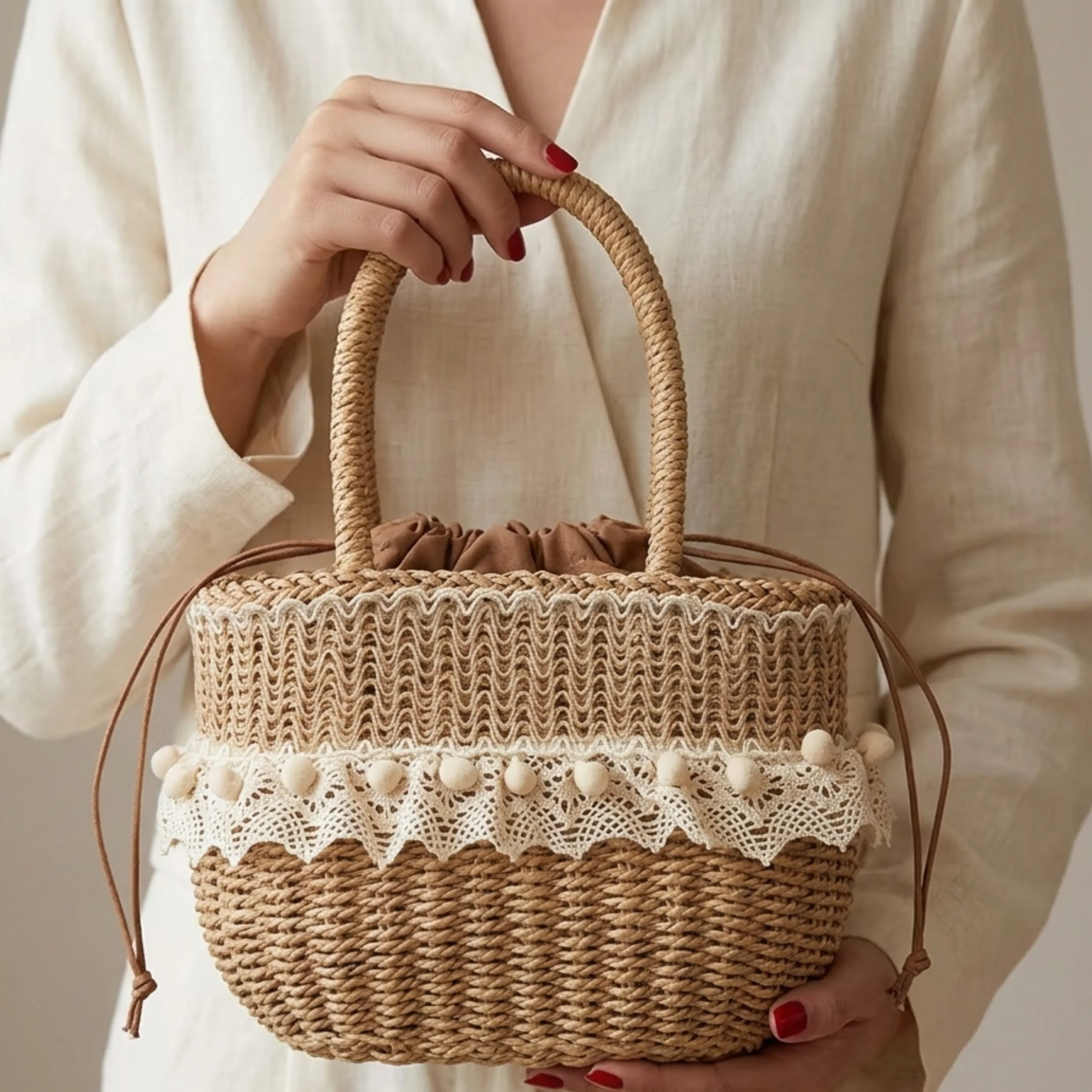 Handcrafted Straw Woven Purse with Lace Detail Handbag – Sustainable Bag - Image 5