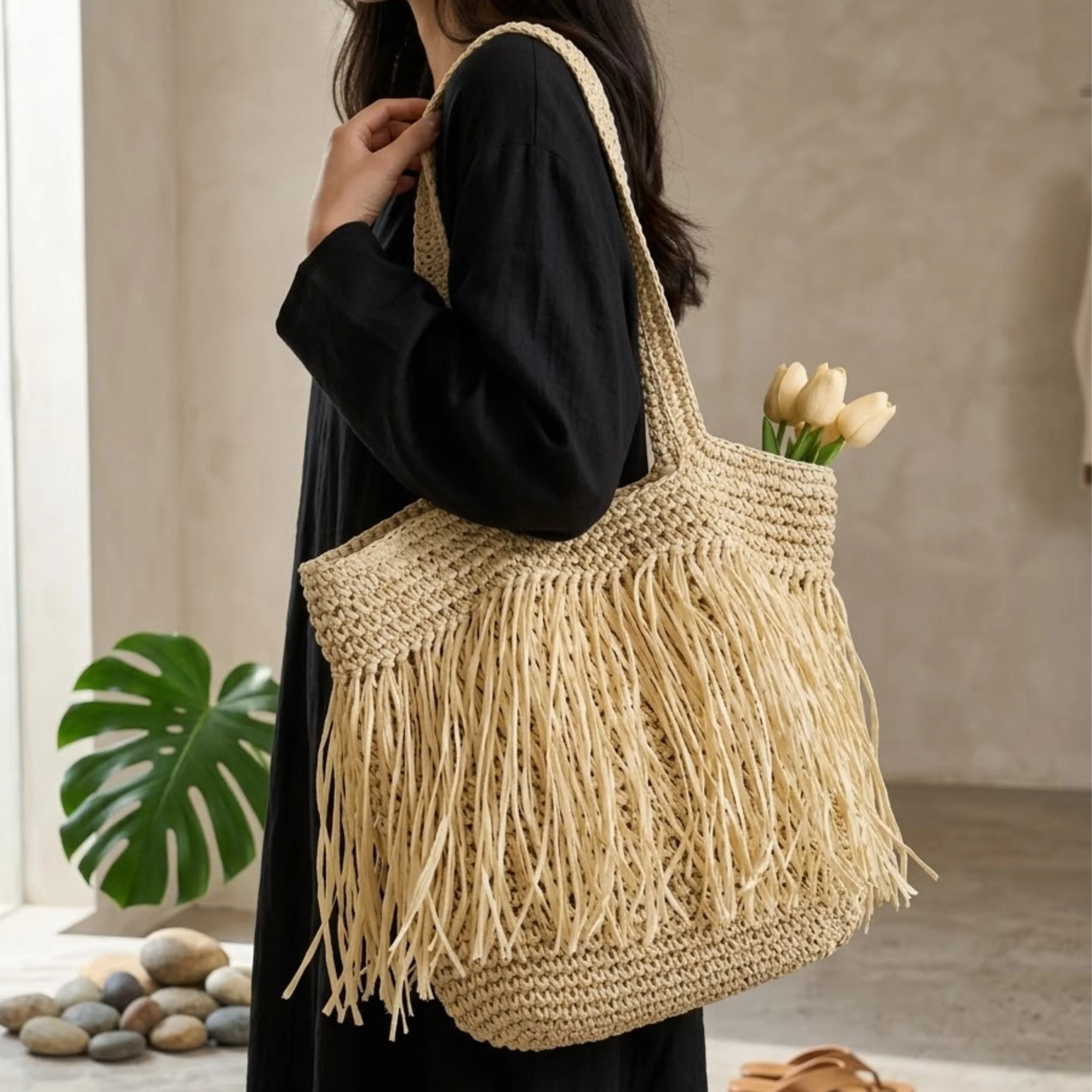 Handwoven Raffia Straw Shoulder Tote Bag – Sustainable Bag - Image 3