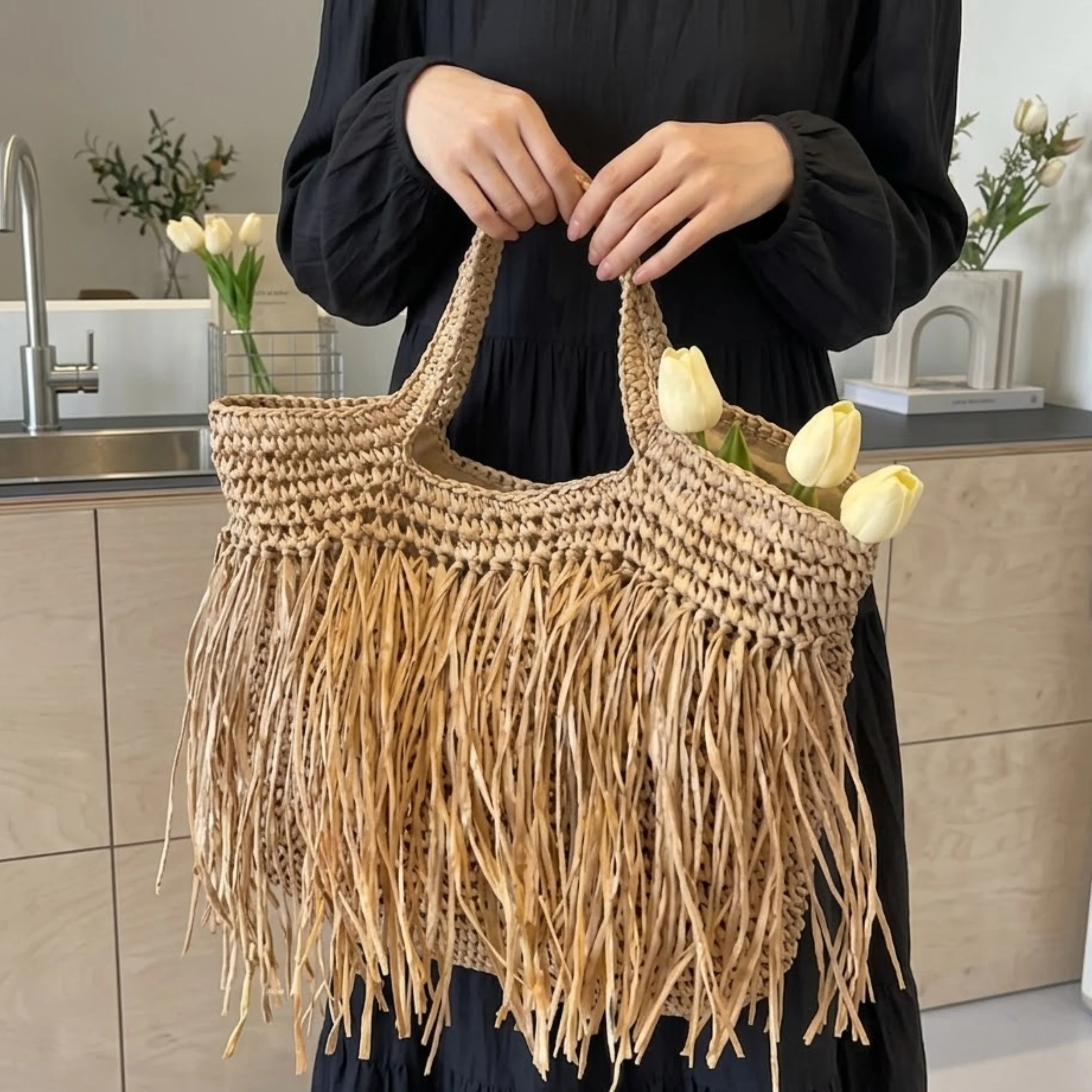 Handwoven Raffia Straw Shoulder Tote Bag – Sustainable Bag - Image 5