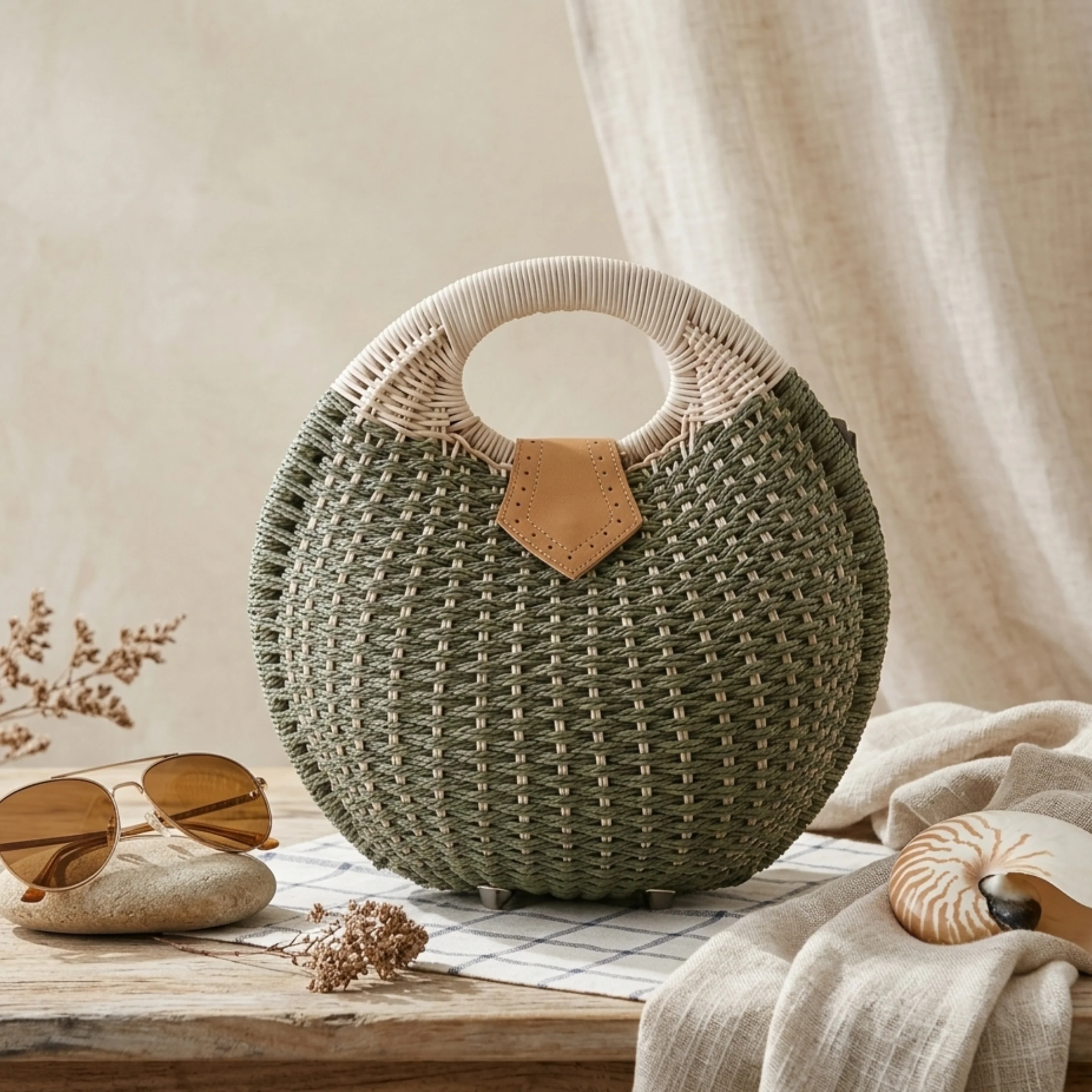 Handwoven Rattan Shell Round Handbag - Sustainable Bag - Image 5