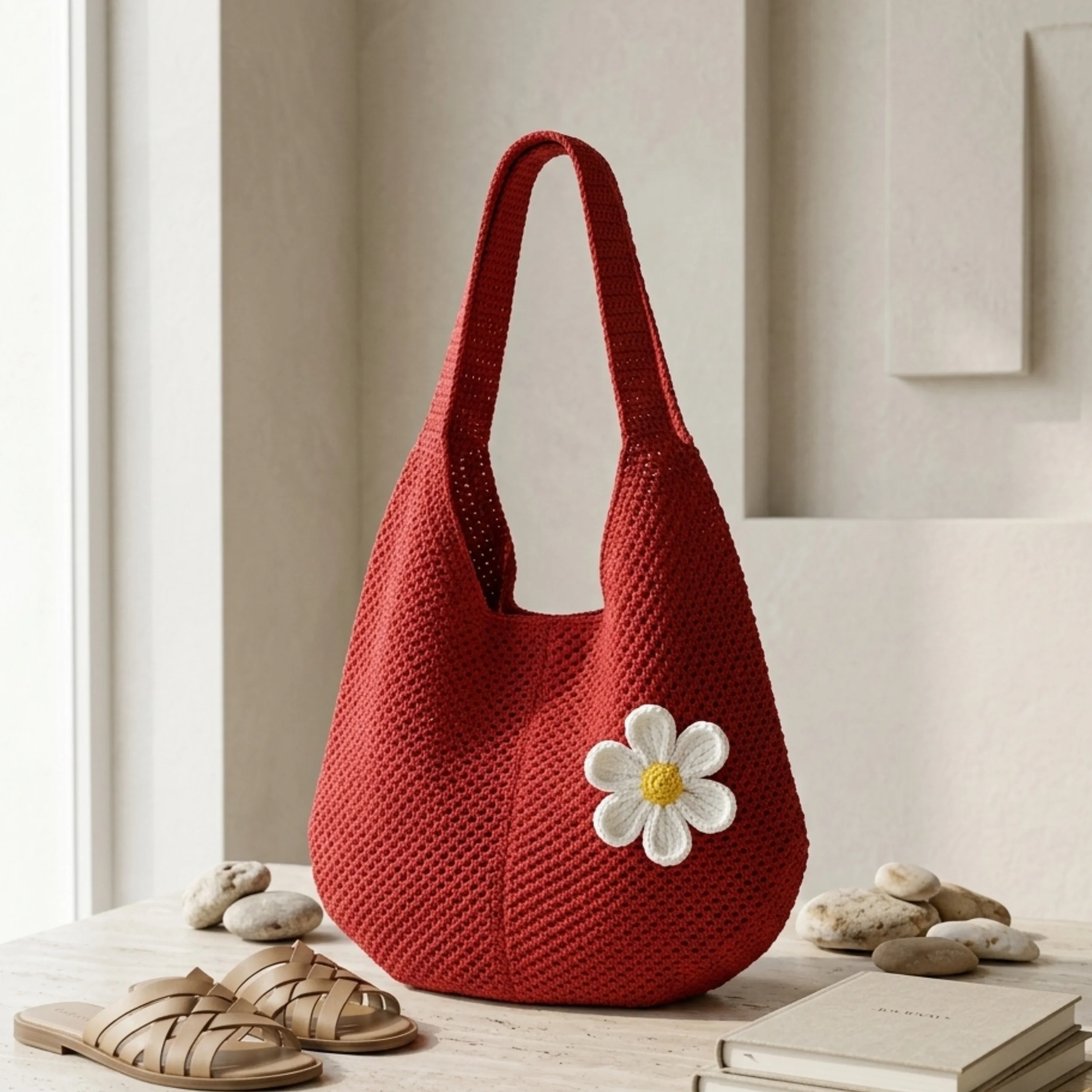 Lone Petal Hollow-Out Knitted Tote Bag – Sustainable Bag - Image 3