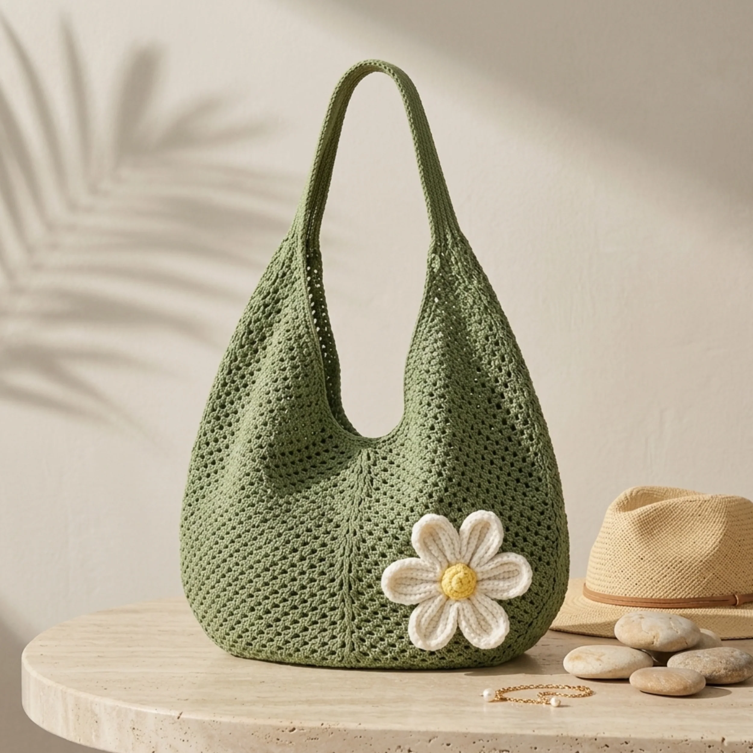 Lone Petal Hollow-Out Knitted Tote Bag – Sustainable Bag - Image 5