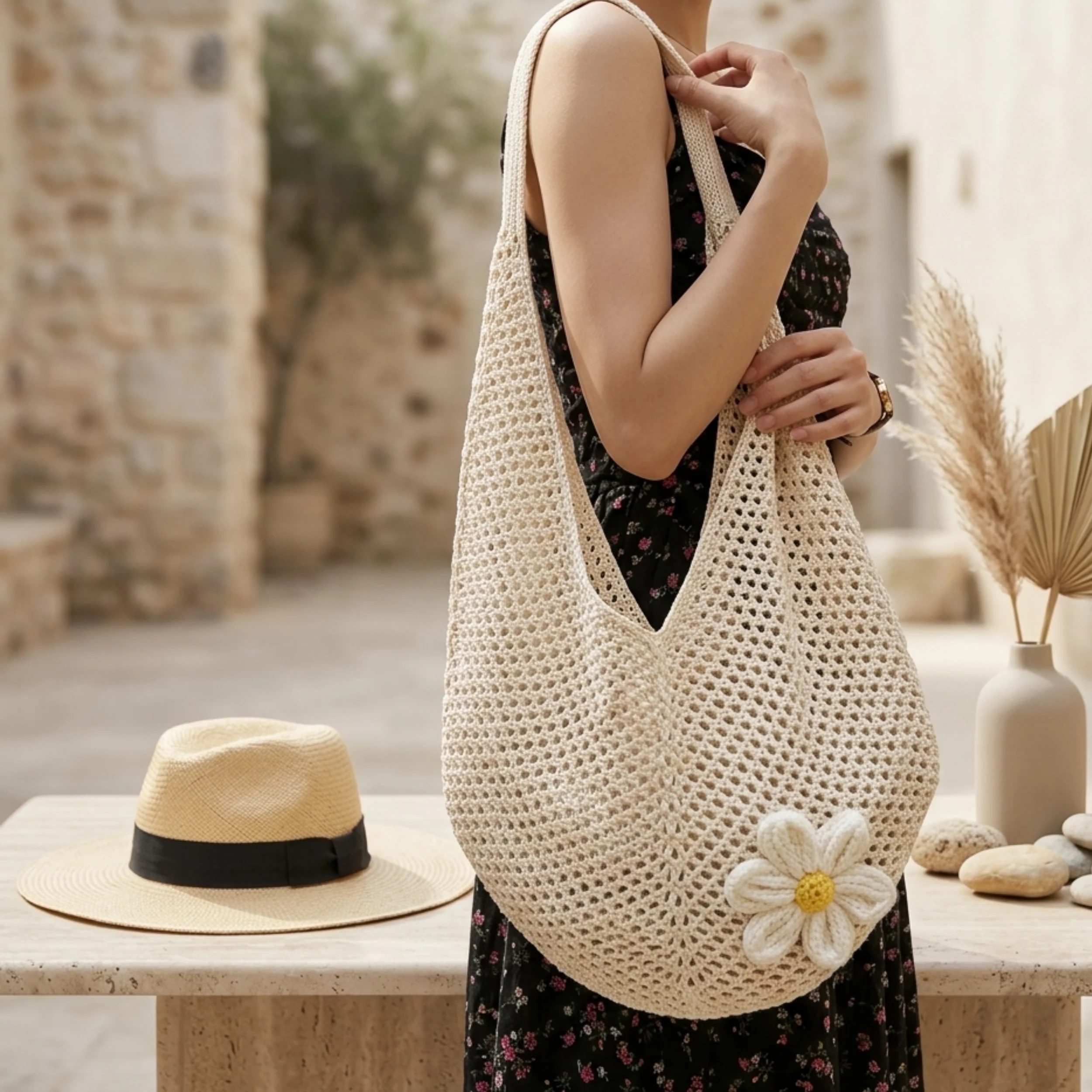 Lone Petal Hollow-Out Knitted Tote Bag – Sustainable Bag - Image 6