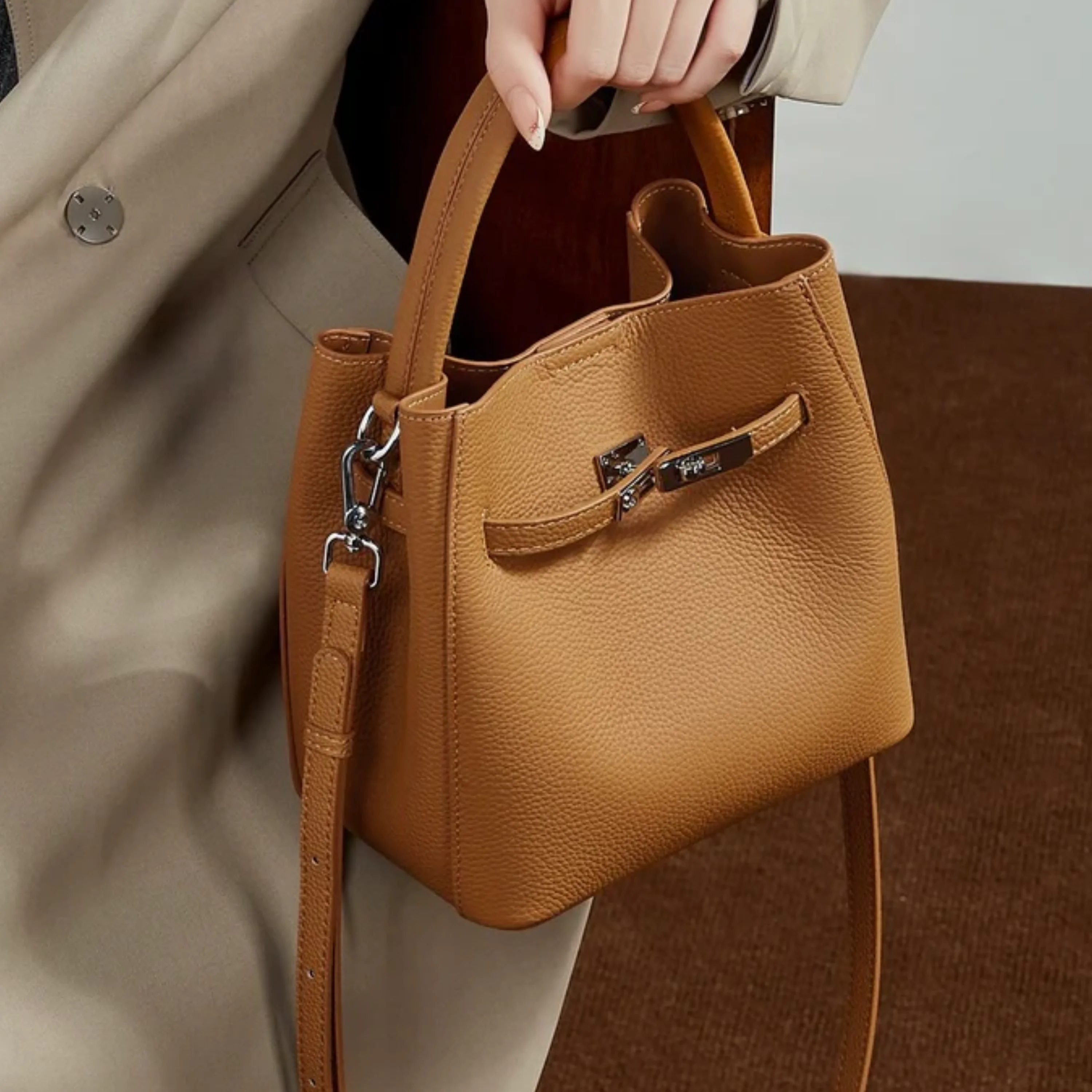 Louisse Genuine Leather Basket Bucket Bag - Image 8
