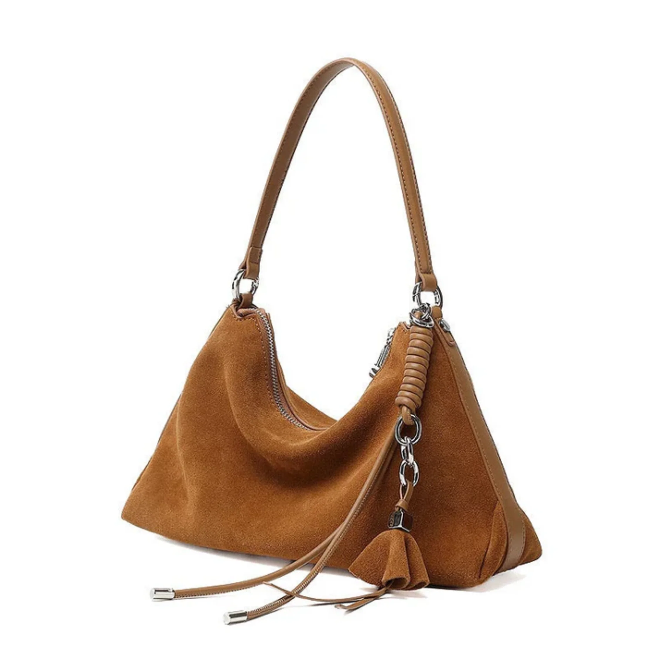 Luxéa Genuine Leather Hobo Bag with Braided Detail & Tassel Accent