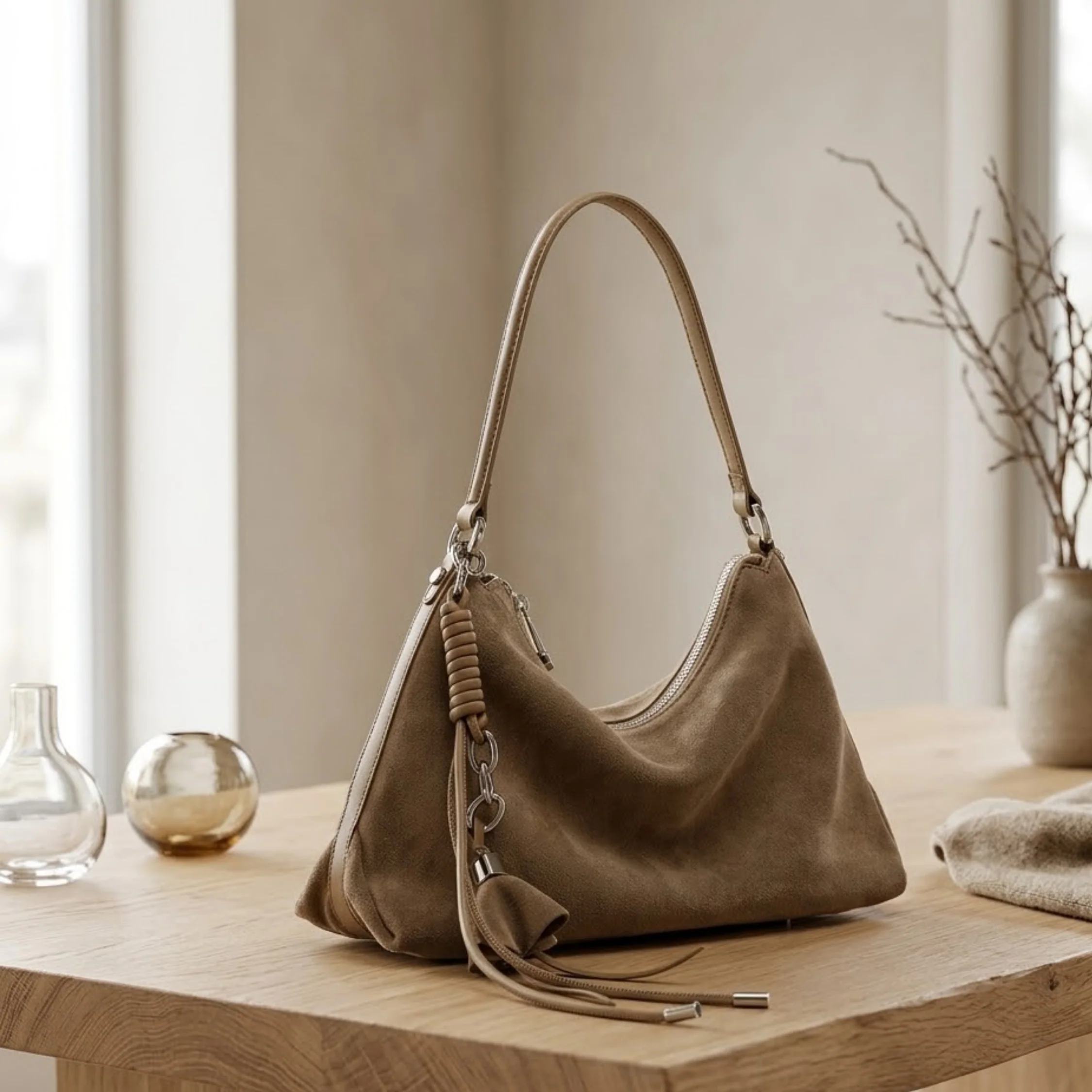 Luxéa Genuine Leather Hobo Bag with Braided Detail & Tassel Accent - Image 5