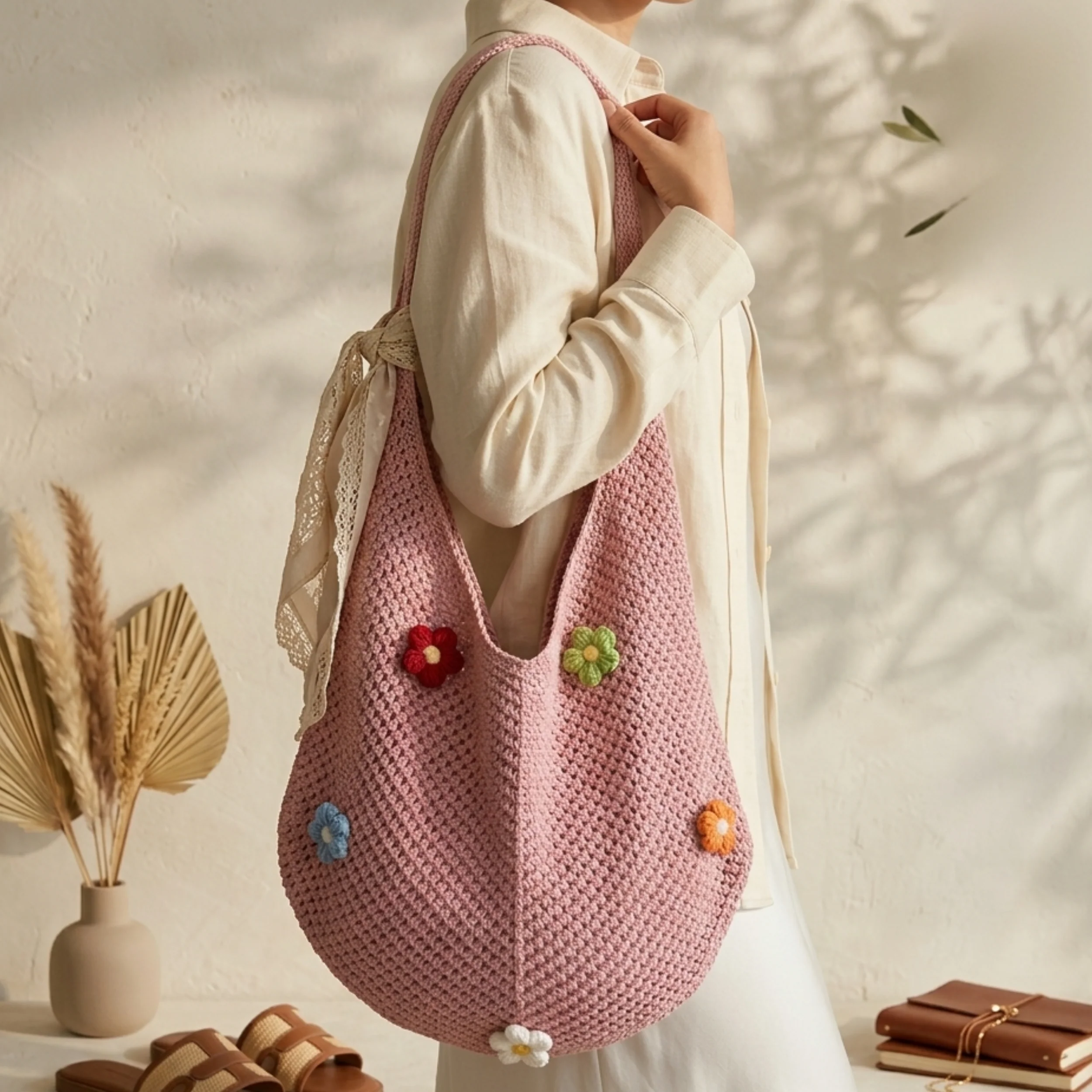Mini Blossom Hollow-Out Knitted Tote Bag – Sustainable Bag - Image 6