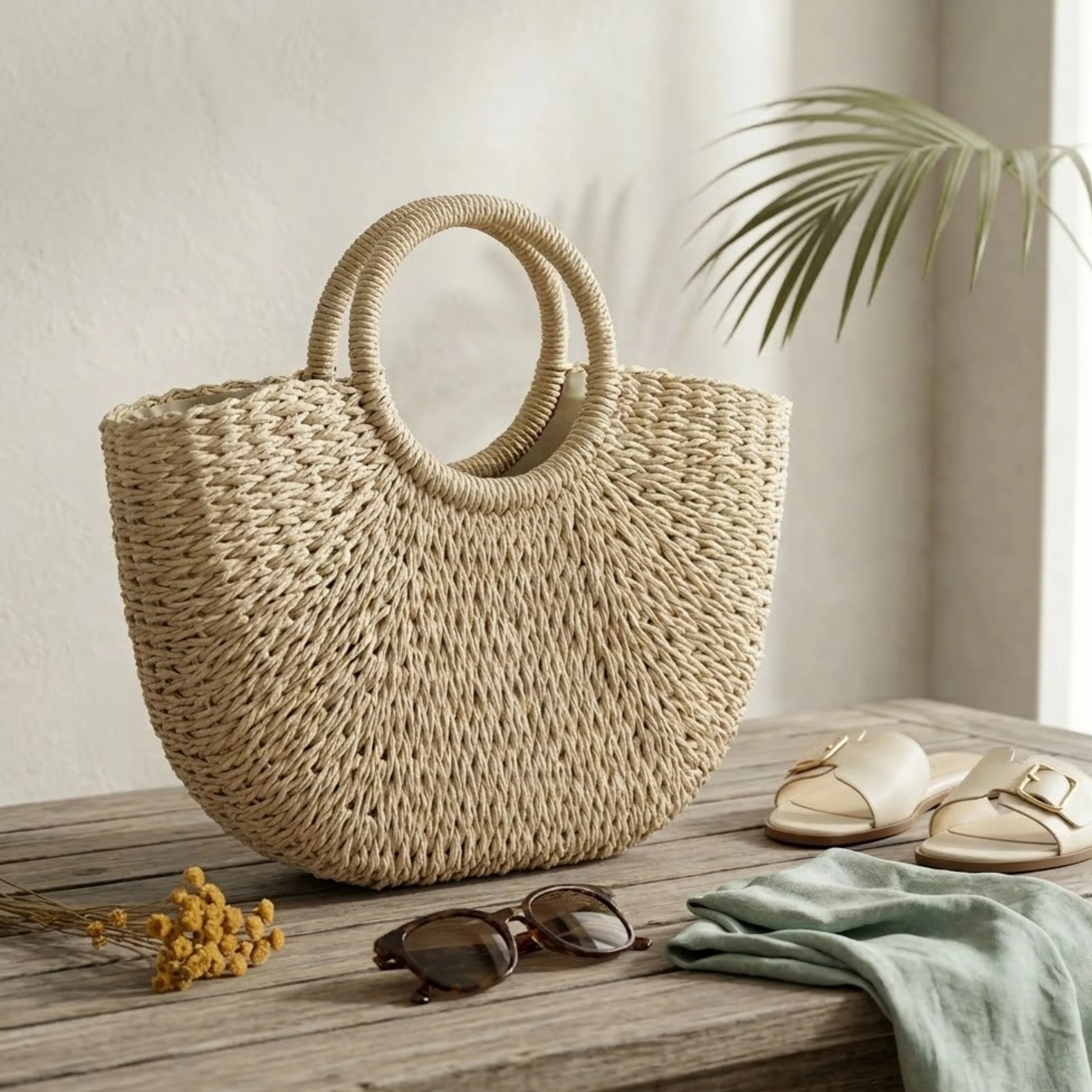 Moon-Shaped Handmade Straw Beach Tote – Sustainable Bag - Image 4