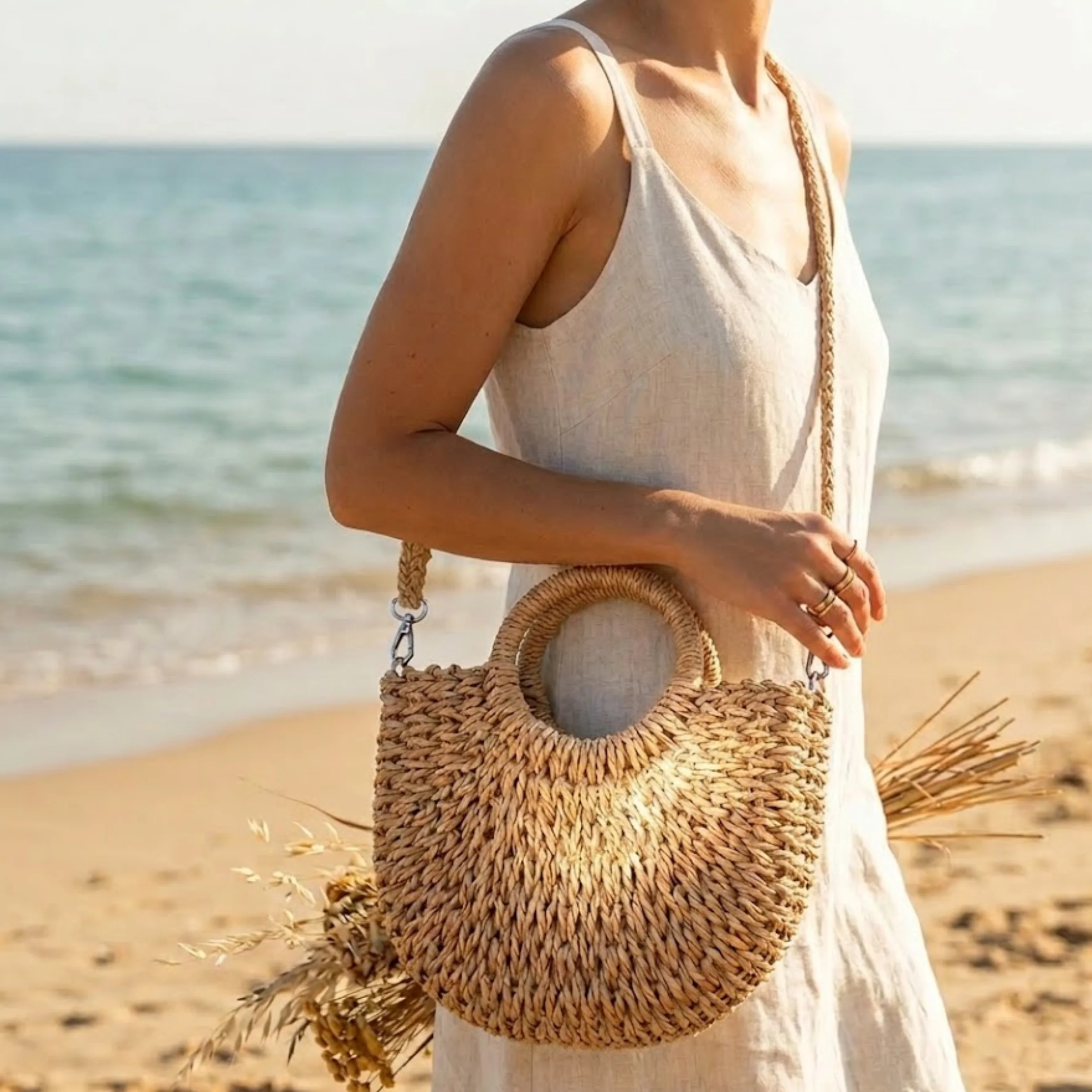 Moon-Shaped Handmade Straw Beach Tote – Sustainable Bag - Image 6