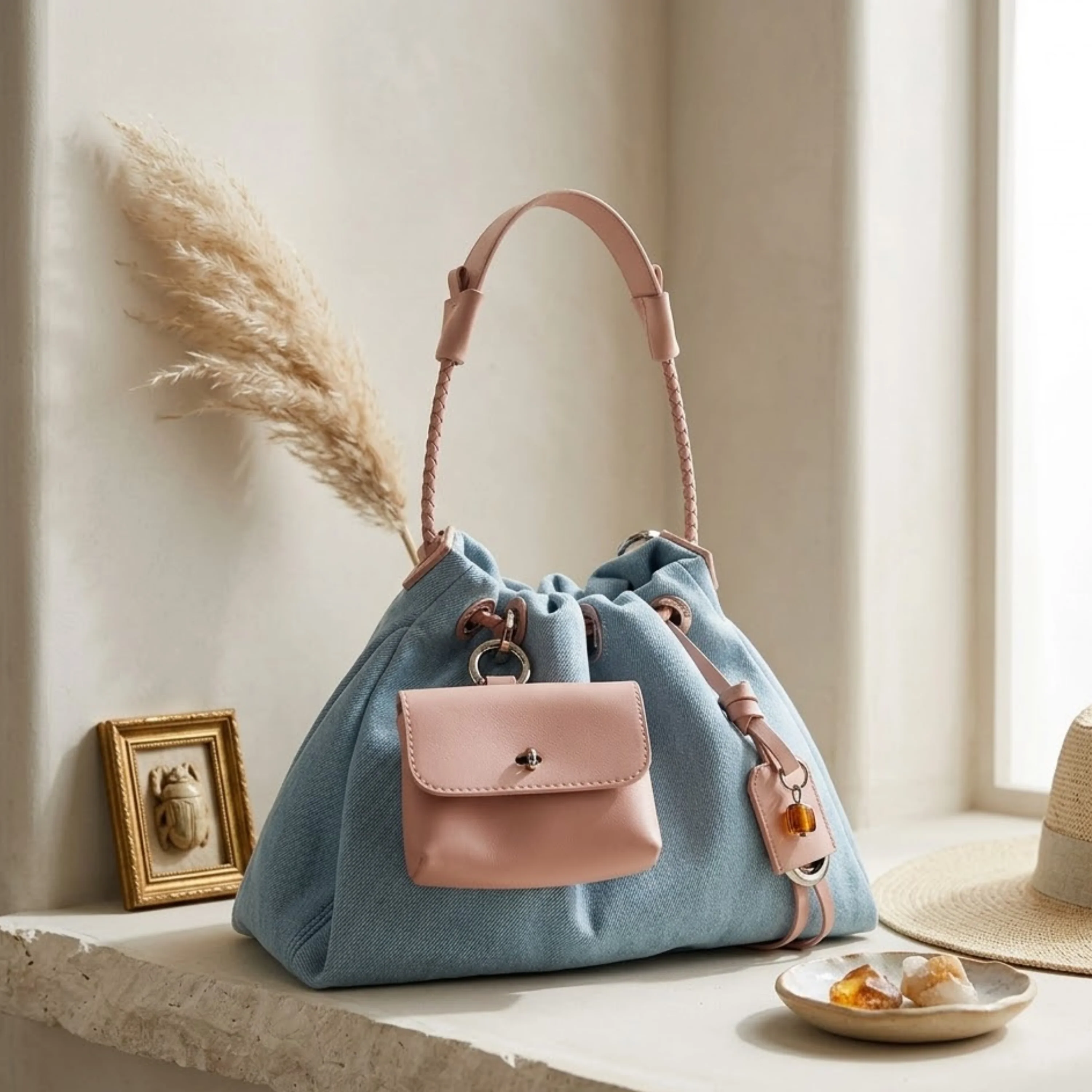 Noirelle Genuine Leather Denim Patchwork Hobo Bag - Image 5