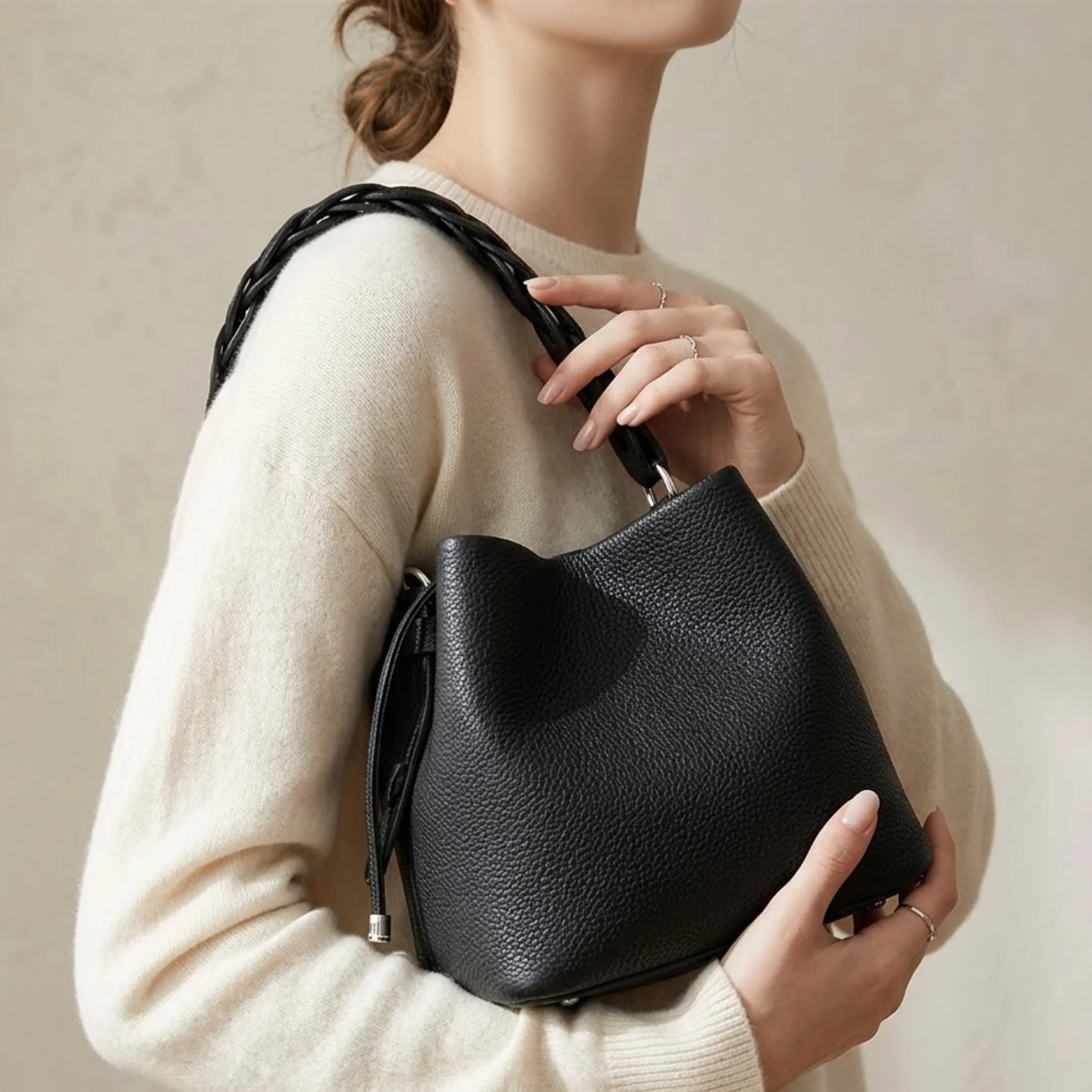 Olythéa Genuine Top-Grain Leather Bucket Bag - Image 10