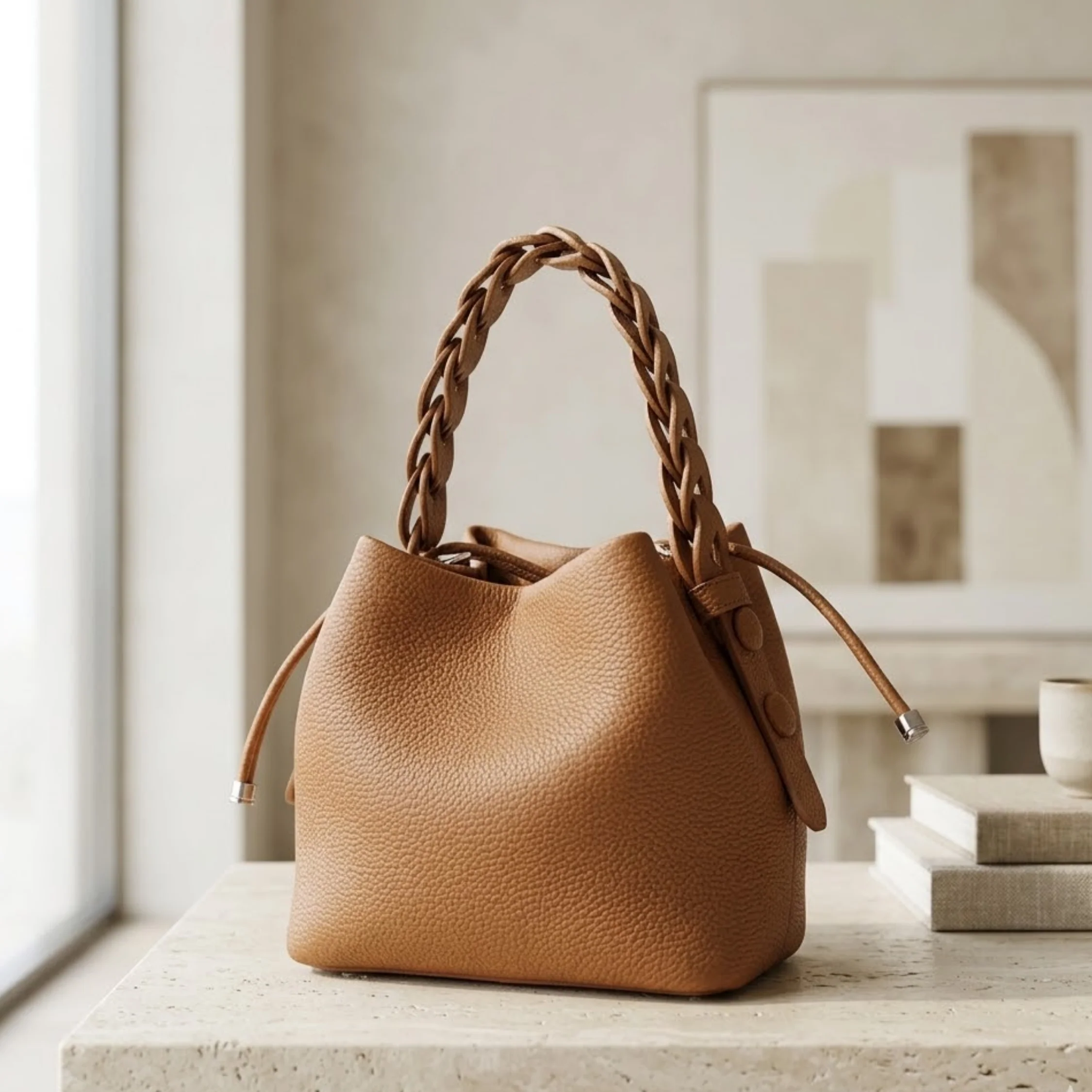 Olythéa Genuine Top-Grain Leather Bucket Bag - Image 9
