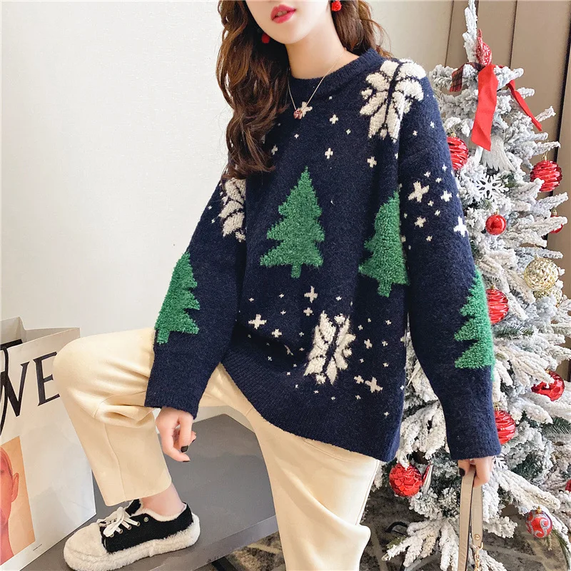 One Size Snow Flake and Tree Embroided Long Sweater - Image 3
