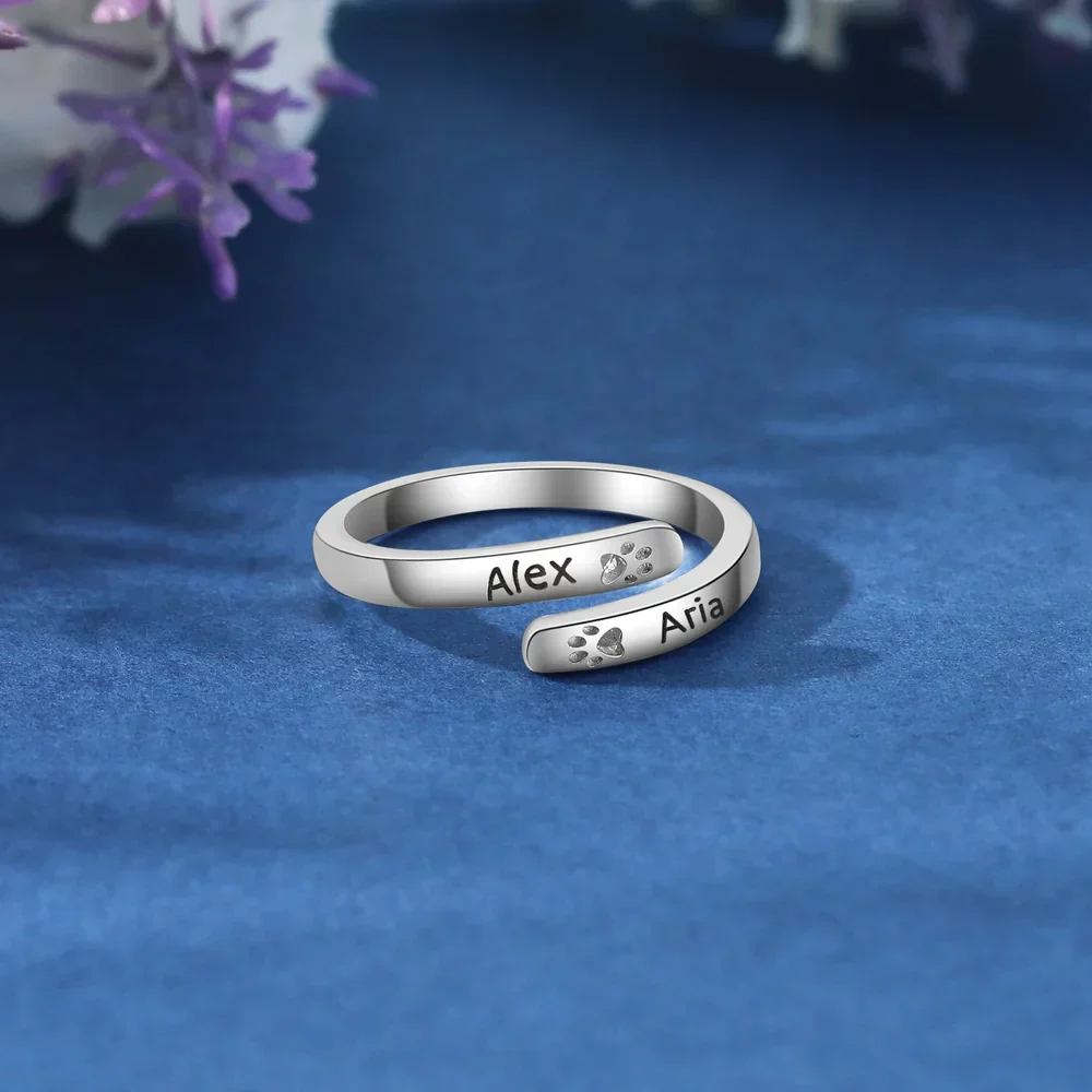Open Paw Print Personalised Ring, Paw Print Name Ring, Custom Engraved Ring - Image 3
