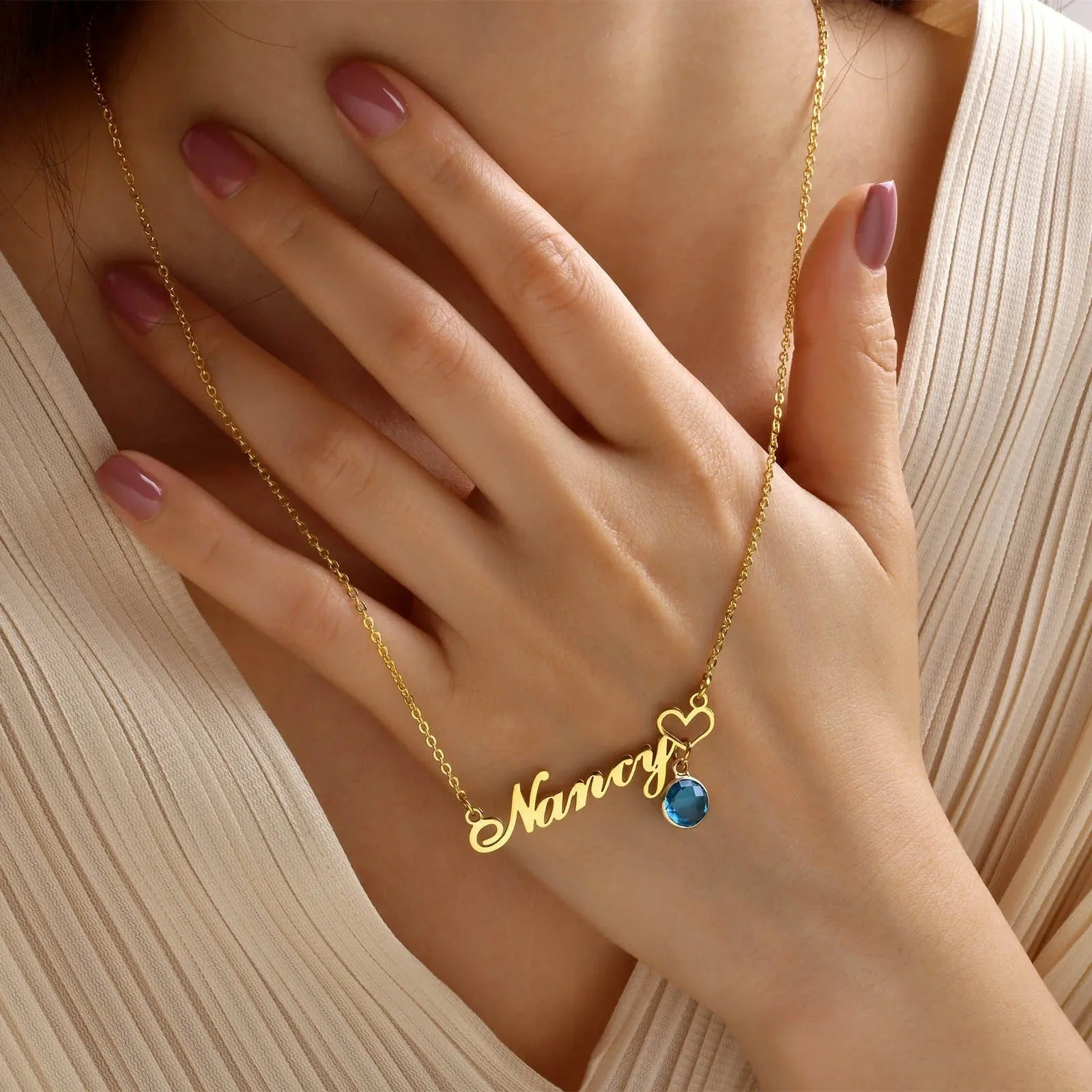 PERSONALISED NANCY BIRTHSTONE NAME NECKLACE FOR WOMEN