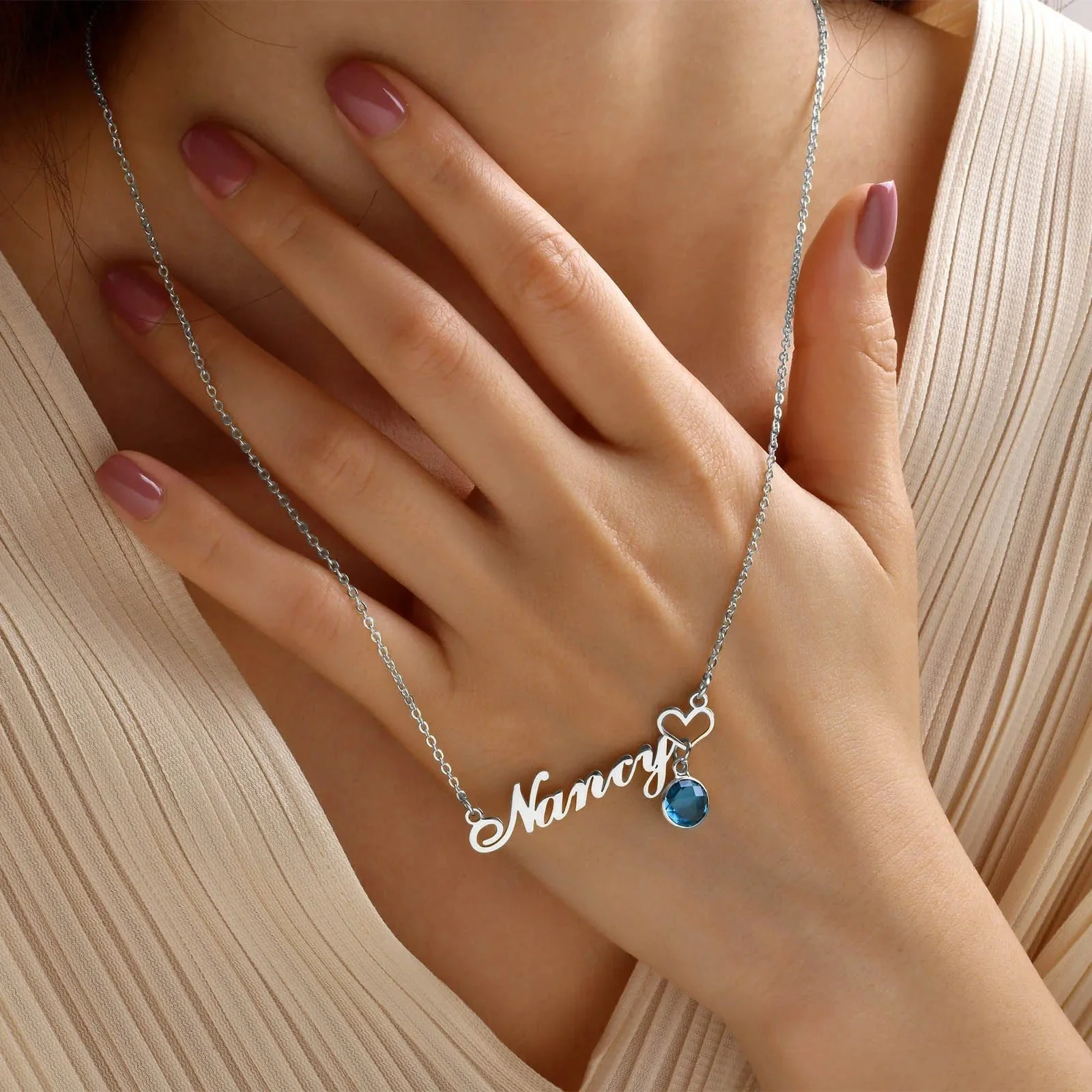 PERSONALISED NANCY BIRTHSTONE NAME NECKLACE FOR WOMEN - Image 3