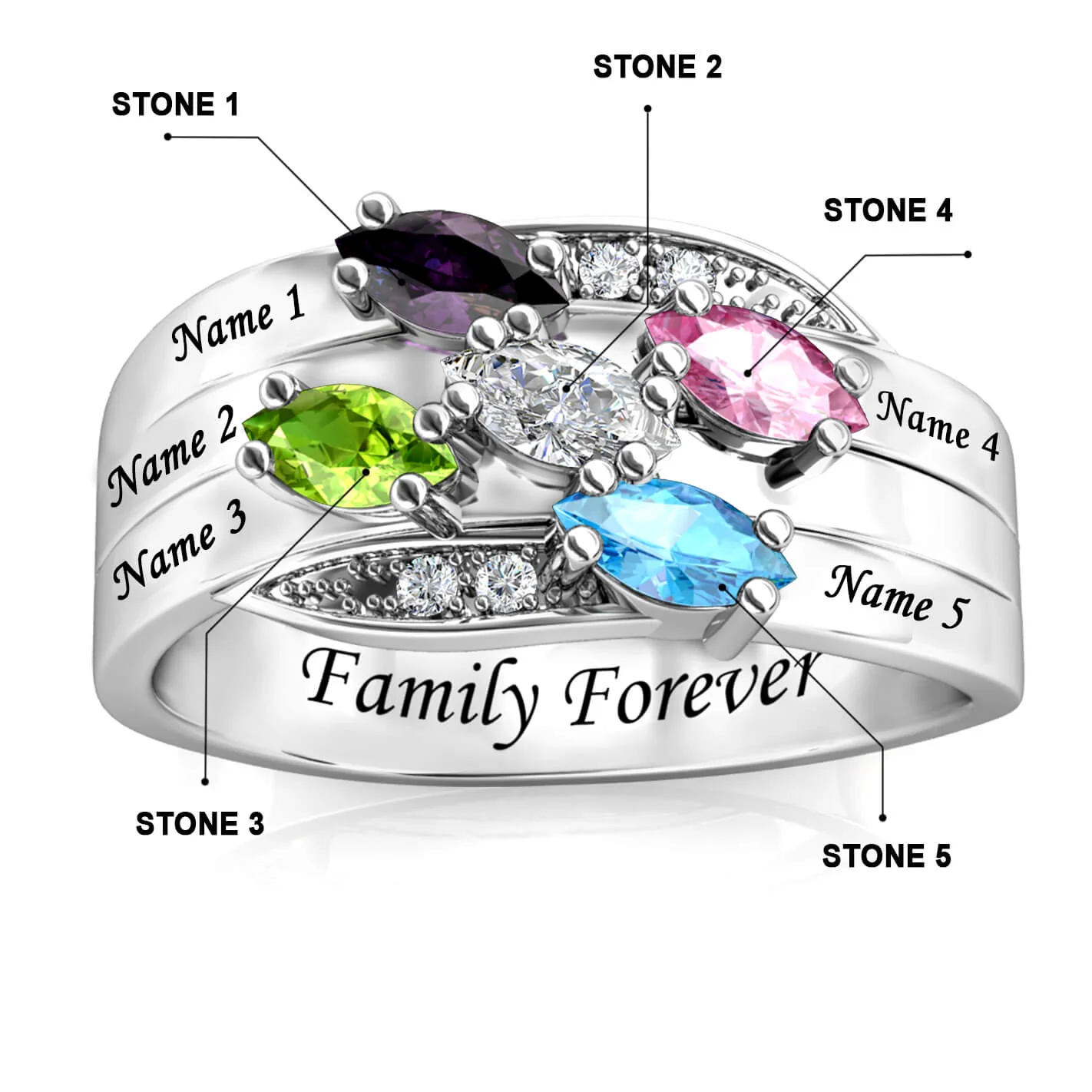 Personalised Ring for Mum, Engraved Name Ring for Her, 5 Birthstones Ring - Image 3