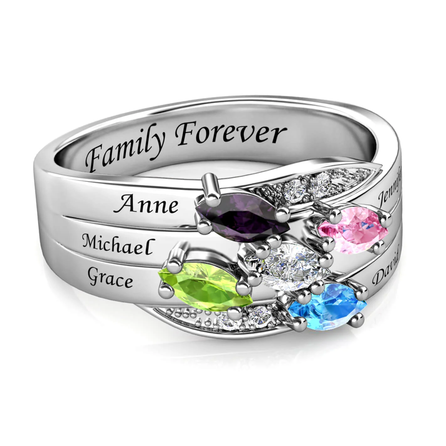 Personalised Ring for Mum, Engraved Name Ring for Her, 5 Birthstones Ring - Image 4