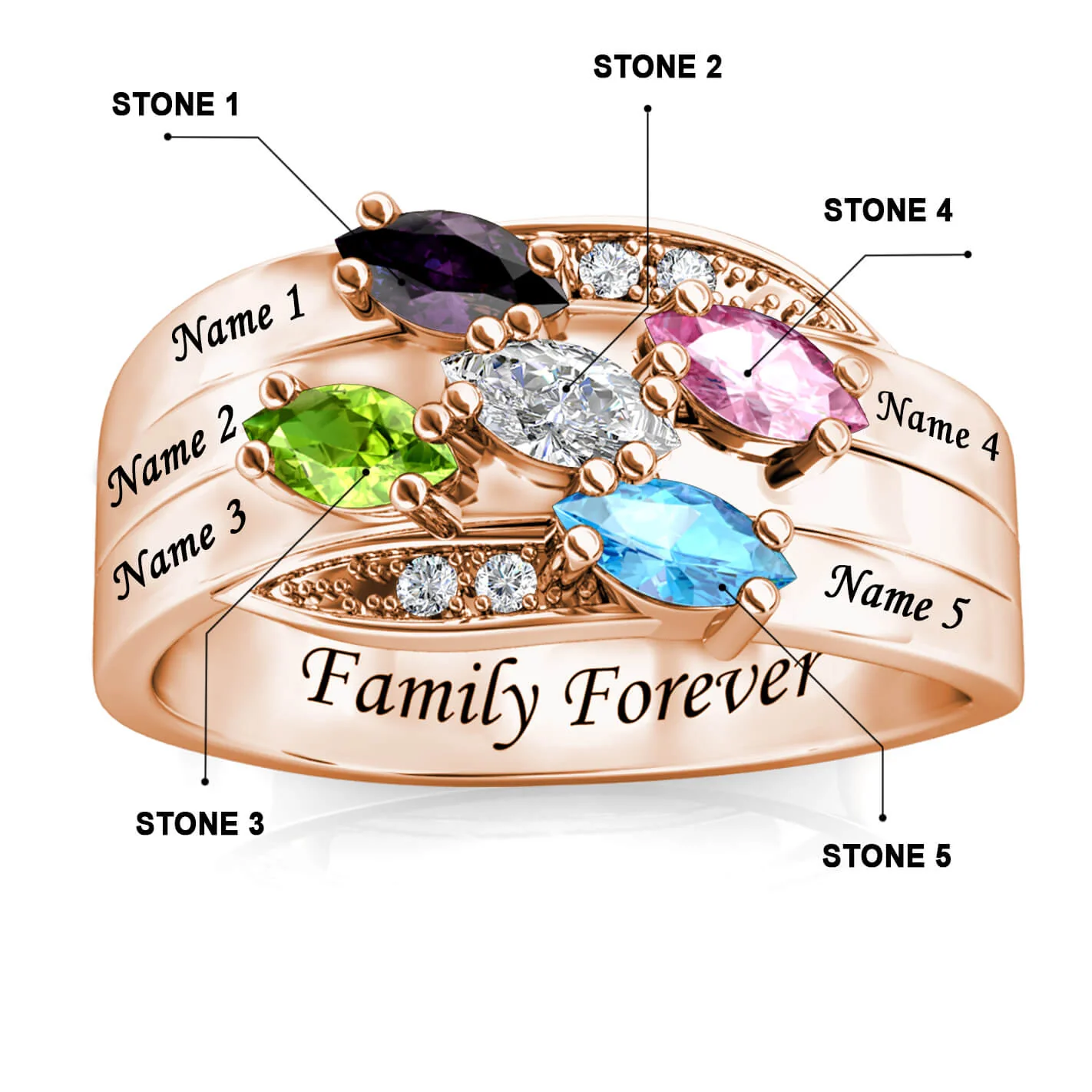 Personalised Ring for Mum, Engraved Name Ring for Her, 5 Birthstones Ring - Image 8