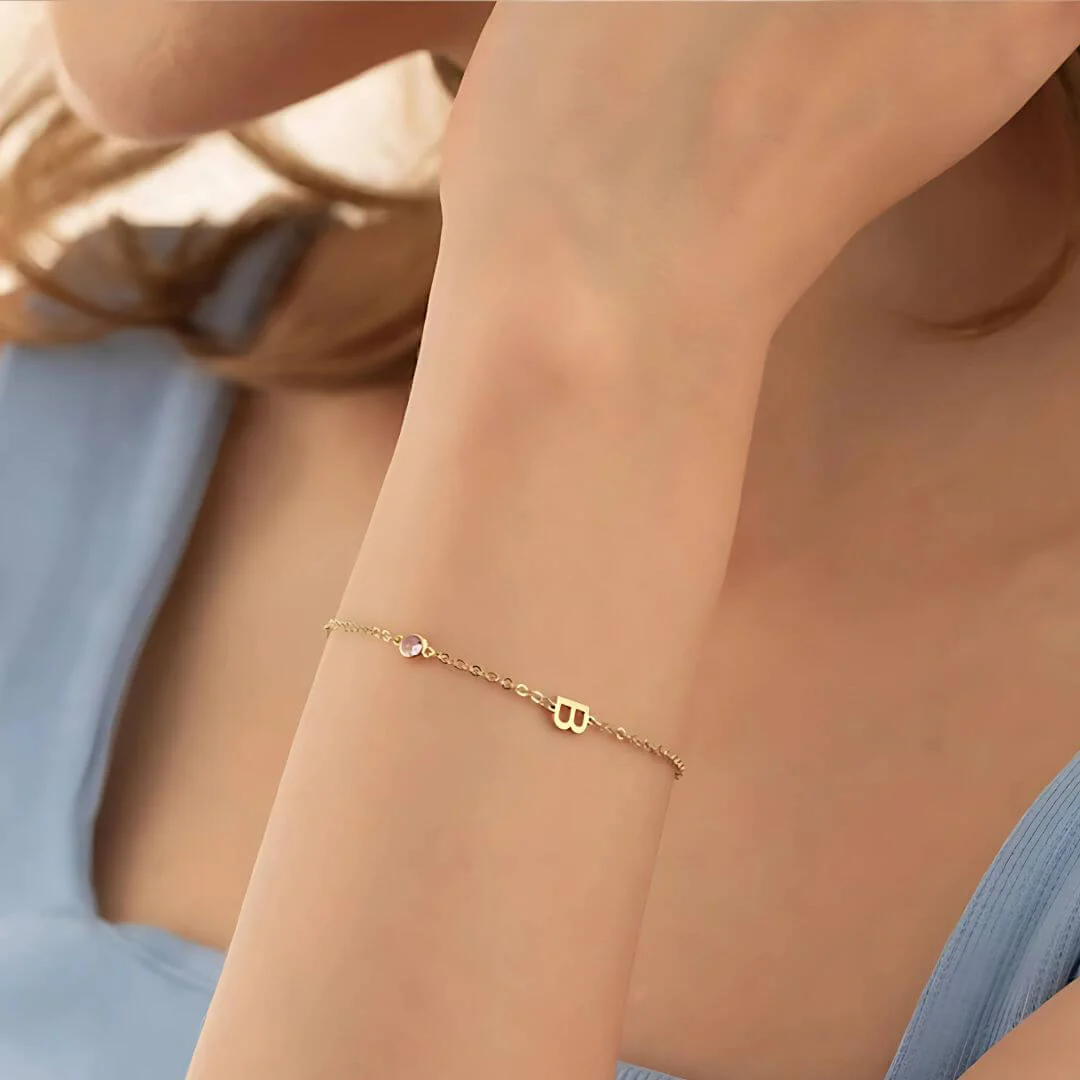 Personalised Birthstone Initial Gold and Silver Plated Bracelet – Elegant Custom Jewelry Gift - Image 4